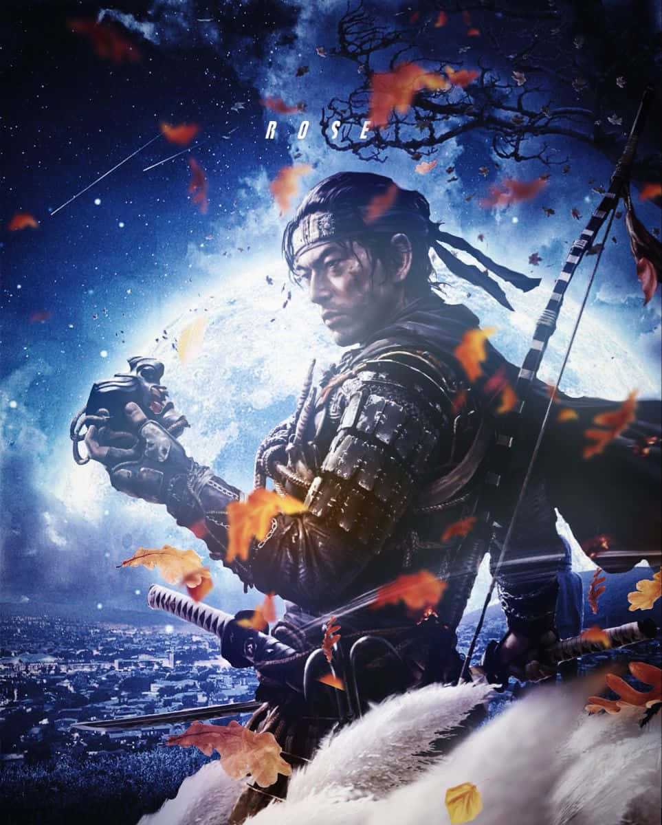 對馬戰鬼 桌布 壁紙 — 一位身穿暗色盔甲的武士站在雪峰之巔，背景是繁星點點的夜空，飄落的秋葉和一輪發光的月亮。