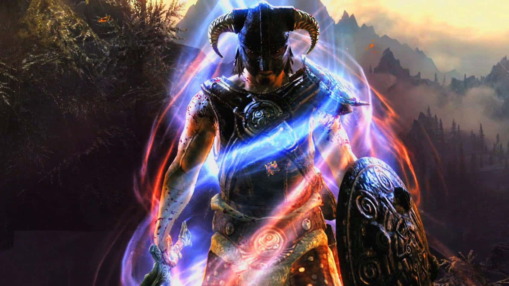Skyrim Dragonborn 桌布 壁紙 — 一位身穿暗色盔甲的角鬥士在黃昏時分的霧氣山間森林中引導發光的藍色和紅色魔法。
