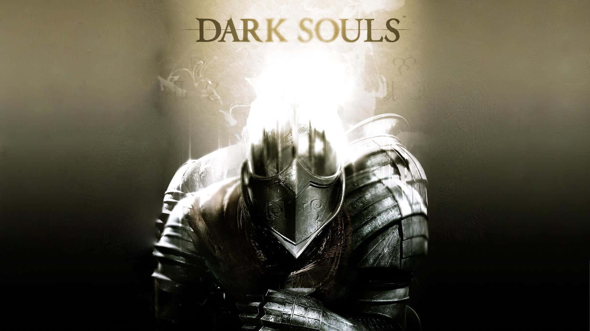 身穿盔甲的Dark Souls騎士在陰影中鞠躬，背後有發光的光芒。 — 黑暗靈魂 GIF 壁紙