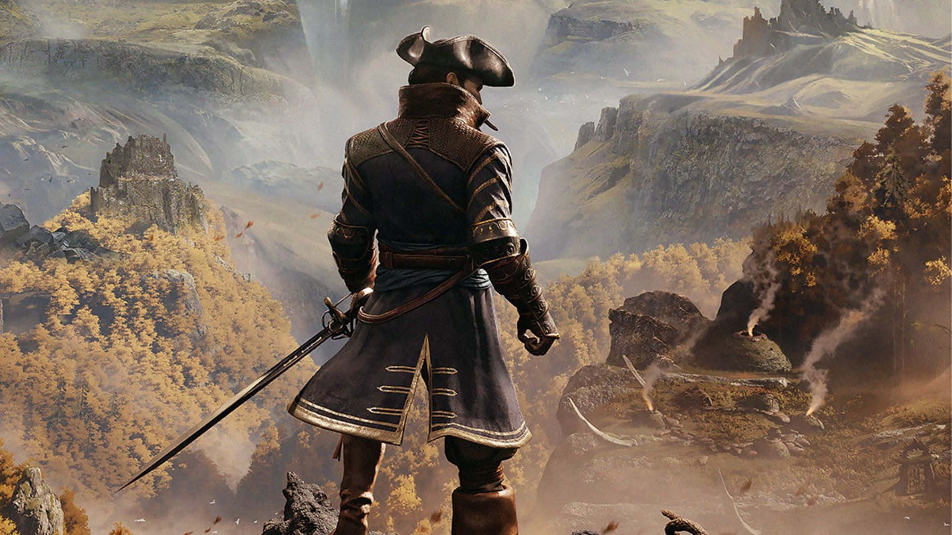 HD Gaming 桌布 壁紙 — 一位身穿暗色鎧甲的孤獨冒險者站在懸崖上，俯瞰著一個霧氣瀰漫的山谷，山谷中有秋樹和遠處的廢墟。