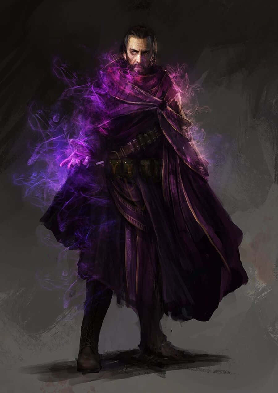Dark Power 桌布 壁紙 — 一位身穿暗色長袍的巫師威嚴地站立，旋轉的紫色能量在他伸出的手周圍噼啪作響，背景陰暗。