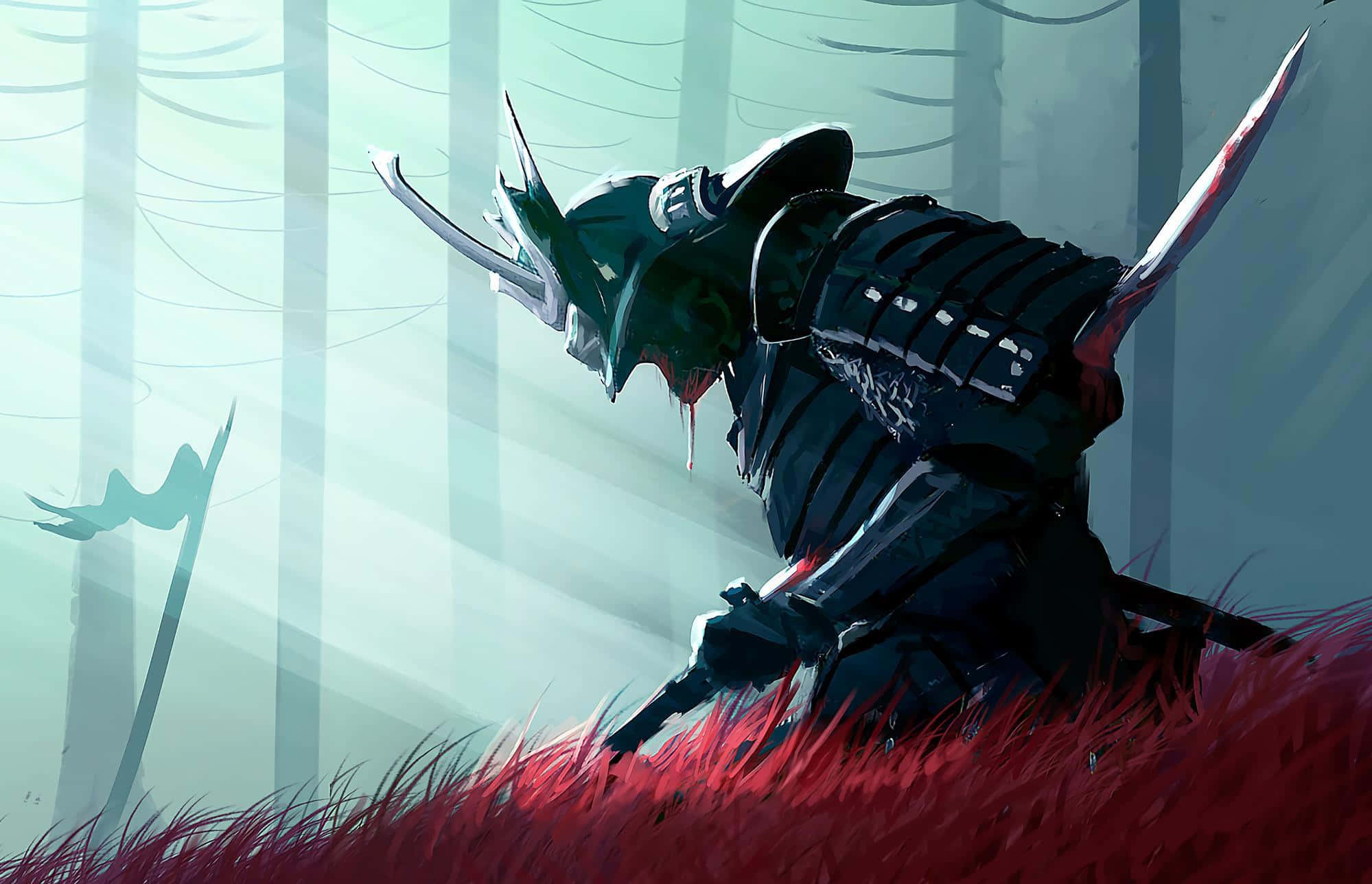 Samurai Warrior 桌布 壁紙 — 一位身穿暗黑盔甲、頭盔沾血的武士，在迷霧森林的光線下跪在鮮紅的草地上。