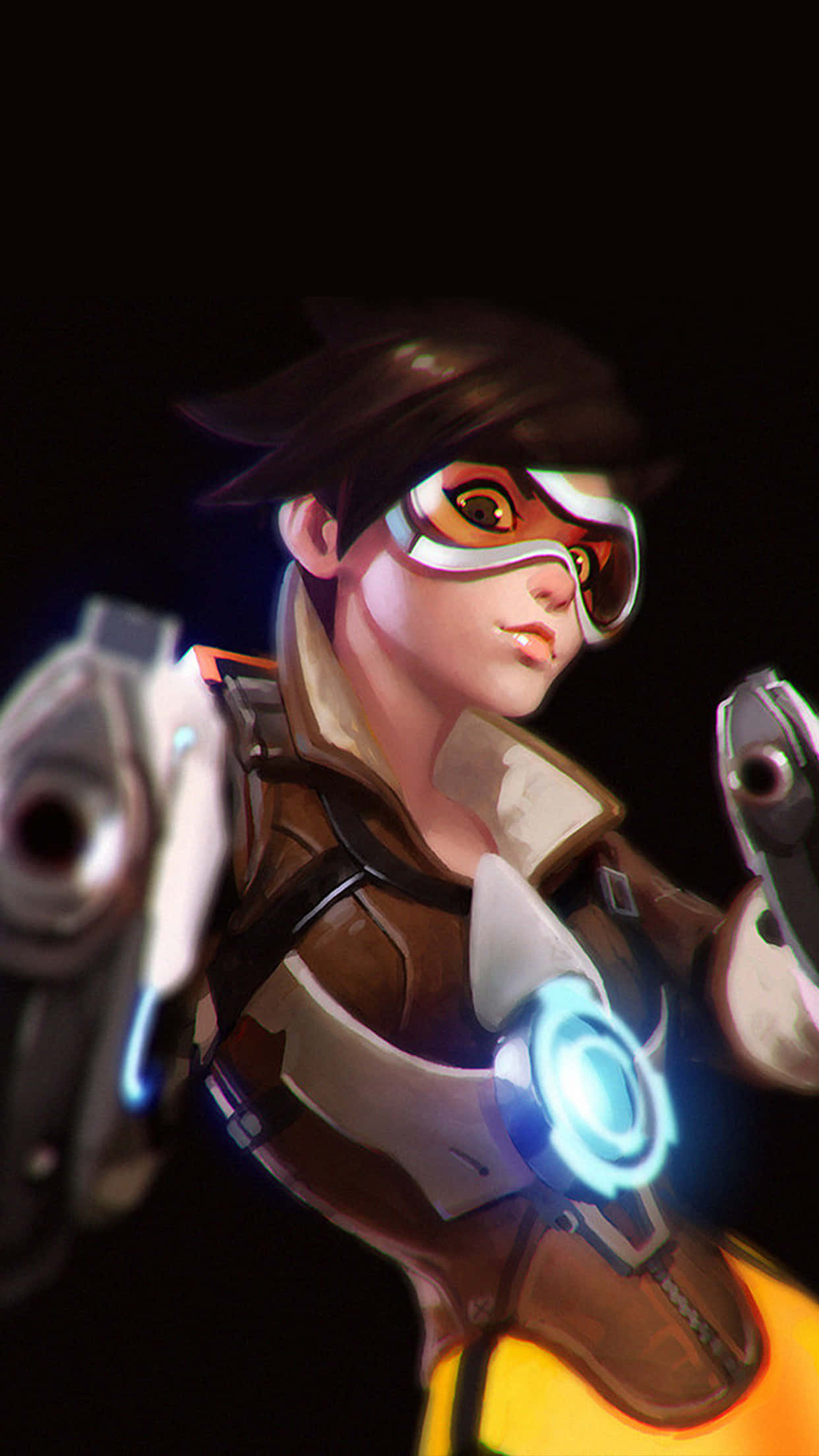 Aesthetic Overwatch 桌布 壁紙 — 一位身穿未來裝備的女性英雄在黑暗背景下手持發光手槍，神情專注。