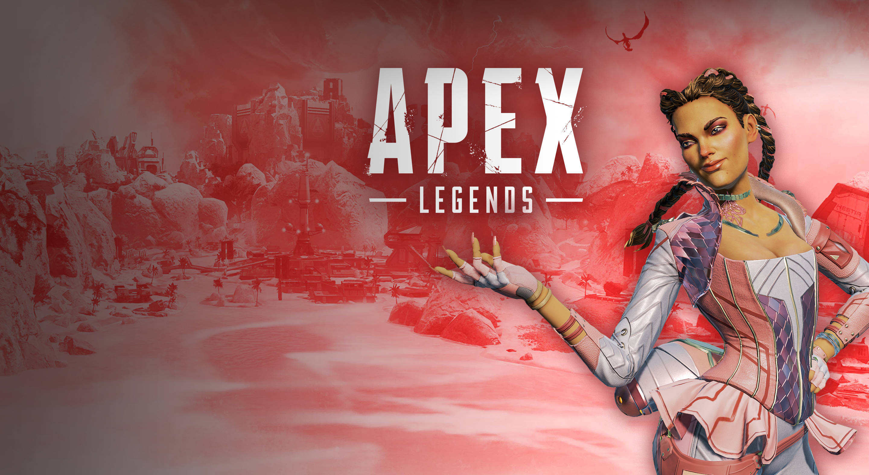 Apex 英雄 桌布 壁紙 — 一位身穿未來裝甲的《Apex Legends》女性角色自信地站立在帶有紅色色調的雪地戰場背景前。