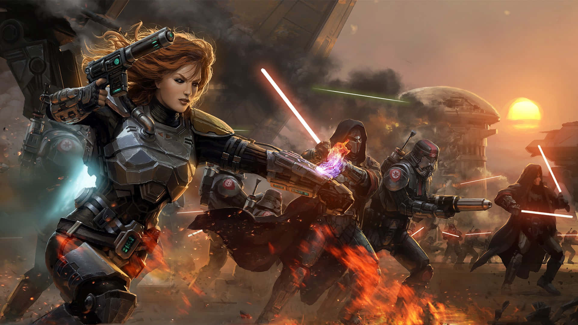 Star Wars Games 桌布 壁紙 — 一位身穿未來裝甲的兇猛女戰士，在戲劇性的日落圍攻中，與盟友一起在熾熱的爆炸和激光射擊中戰鬥。