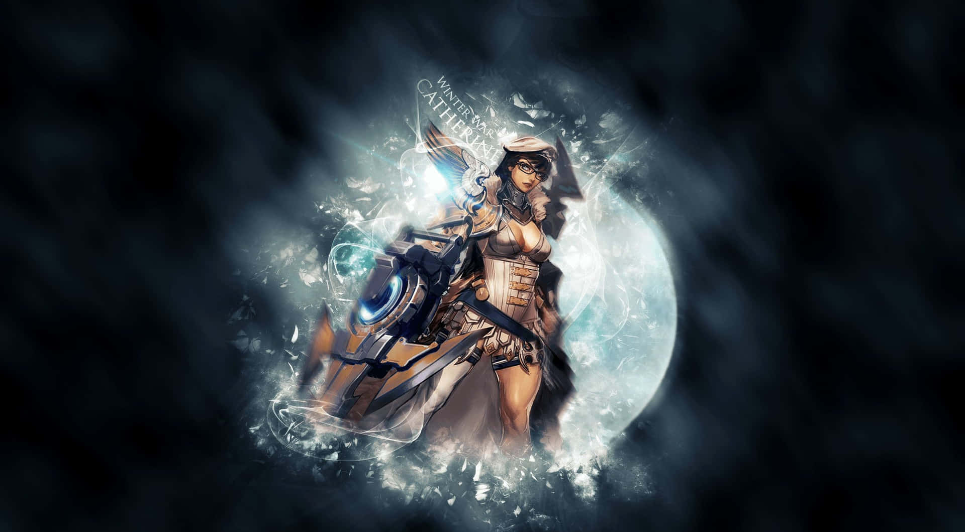 Vainglory 桌布 壁紙 — 一位身穿未來裝甲的女戰士，在黑暗月光背景下，站在發光能量和碎玻璃之中。