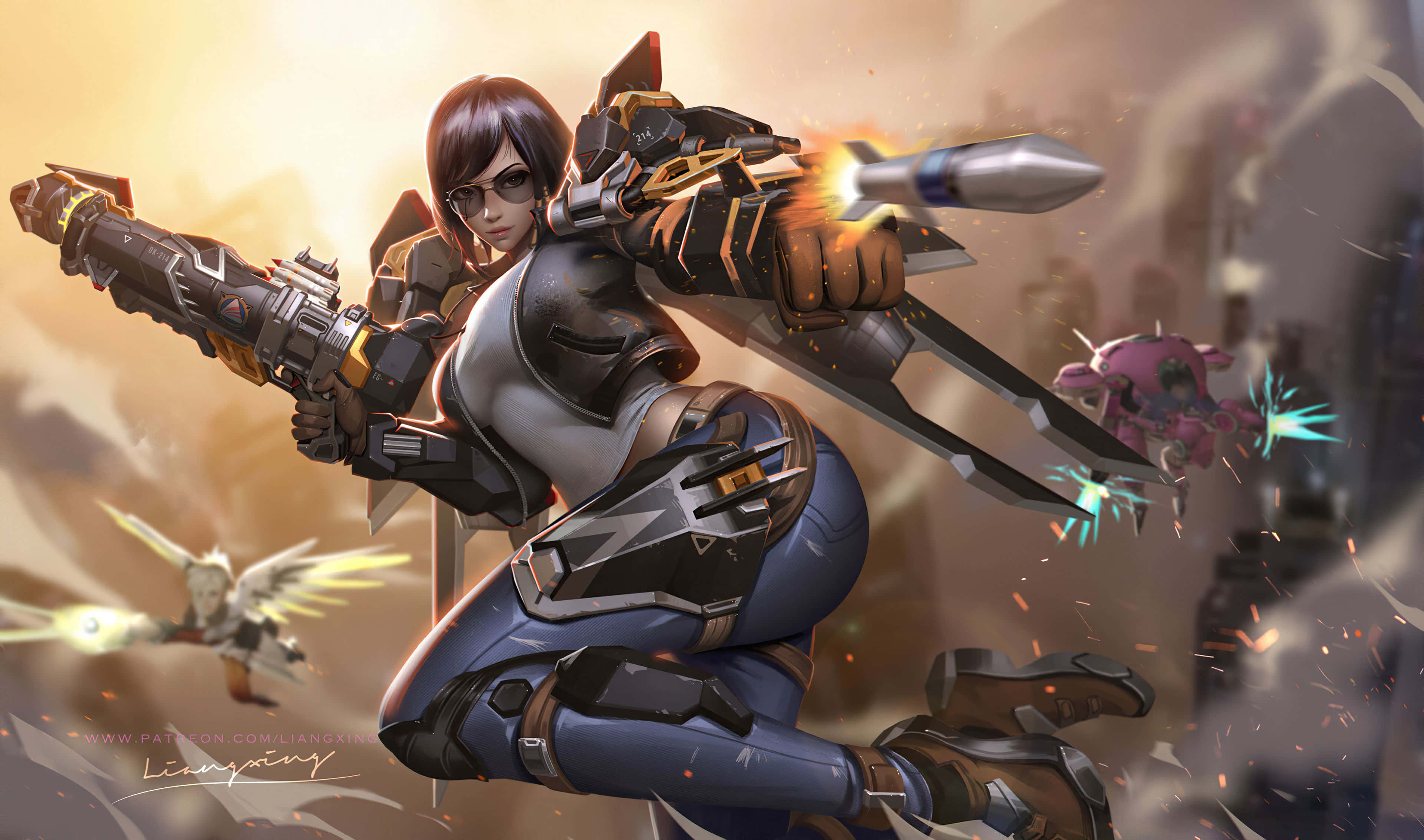 Overwatch Pharah 桌布 壁紙 — 一位身穿未來裝甲的女戰士在火花和爆炸的混亂戰鬥中發射發光武器。