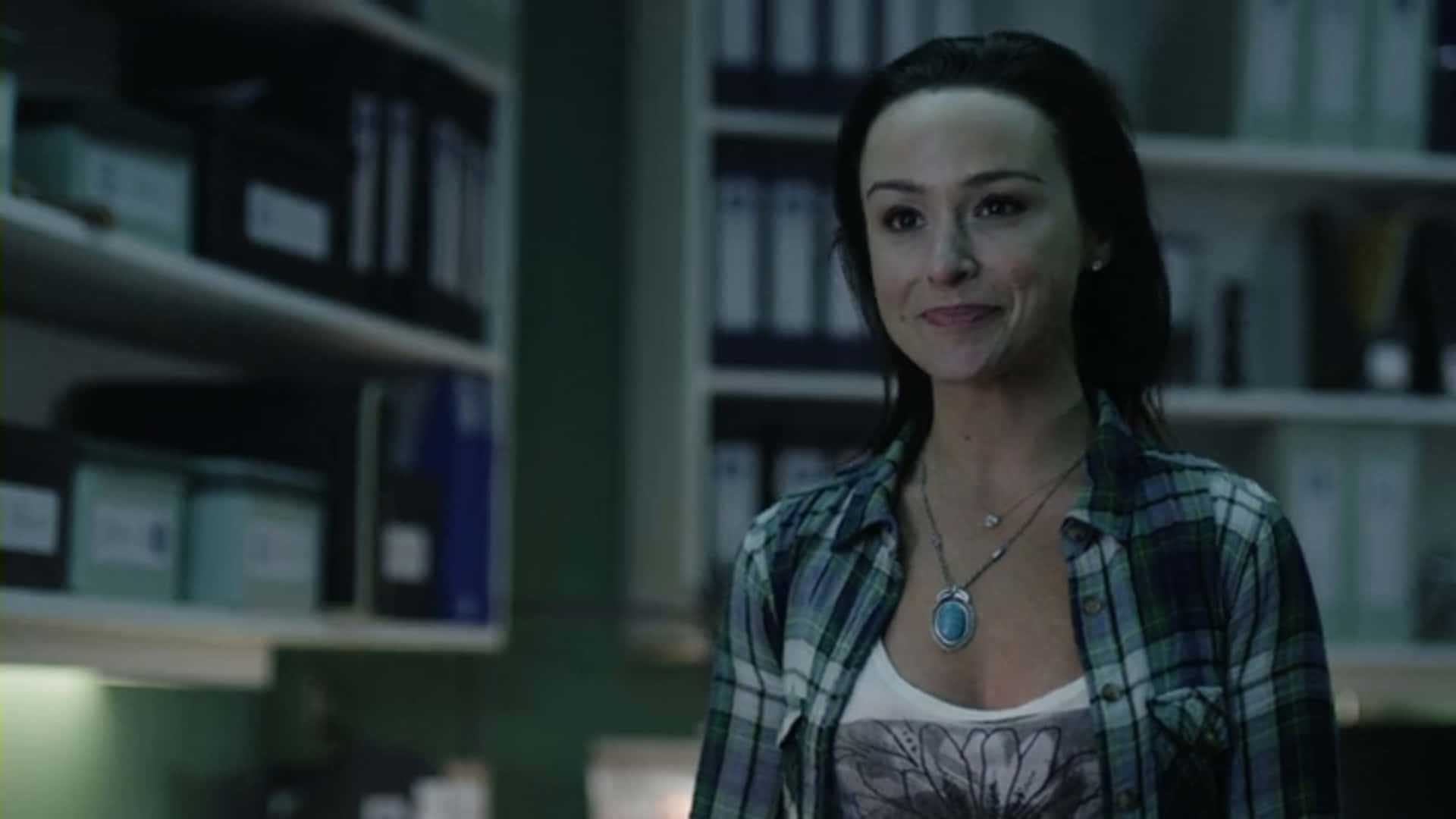 Danielle Harris 桌布 壁紙 — 一位身穿格仔恤衫嘅女人喺燈光昏暗嘅辦公室入面，身後有放滿文件夾嘅書架，輕輕微笑。