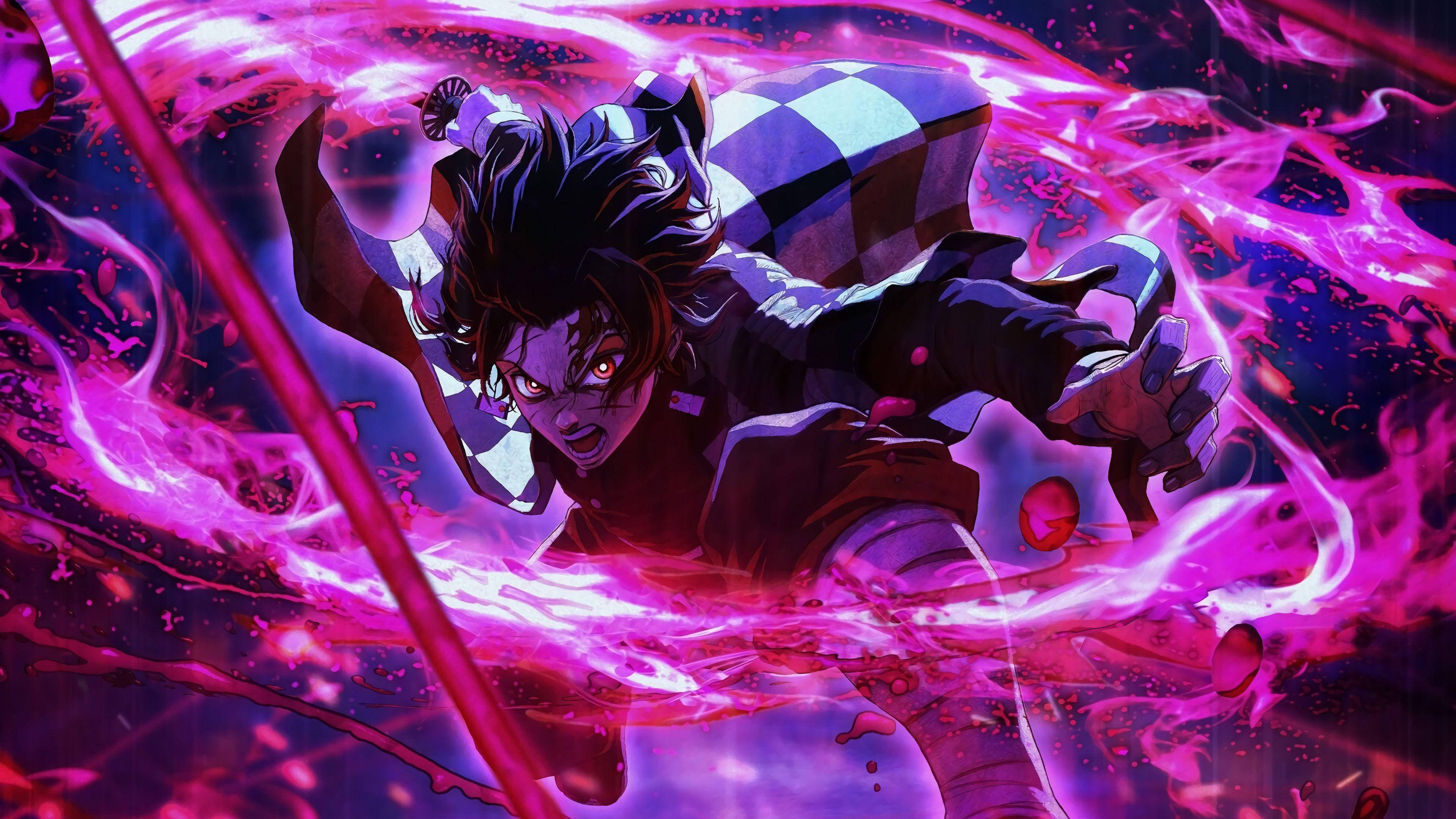 Demon Slayer 4K Tanjiro Fire 壁紙 — 一位身穿格紋羽織的動漫戰士，在充滿活力的粉紅色能量中揮砍，擺出動態的戰鬥姿勢。