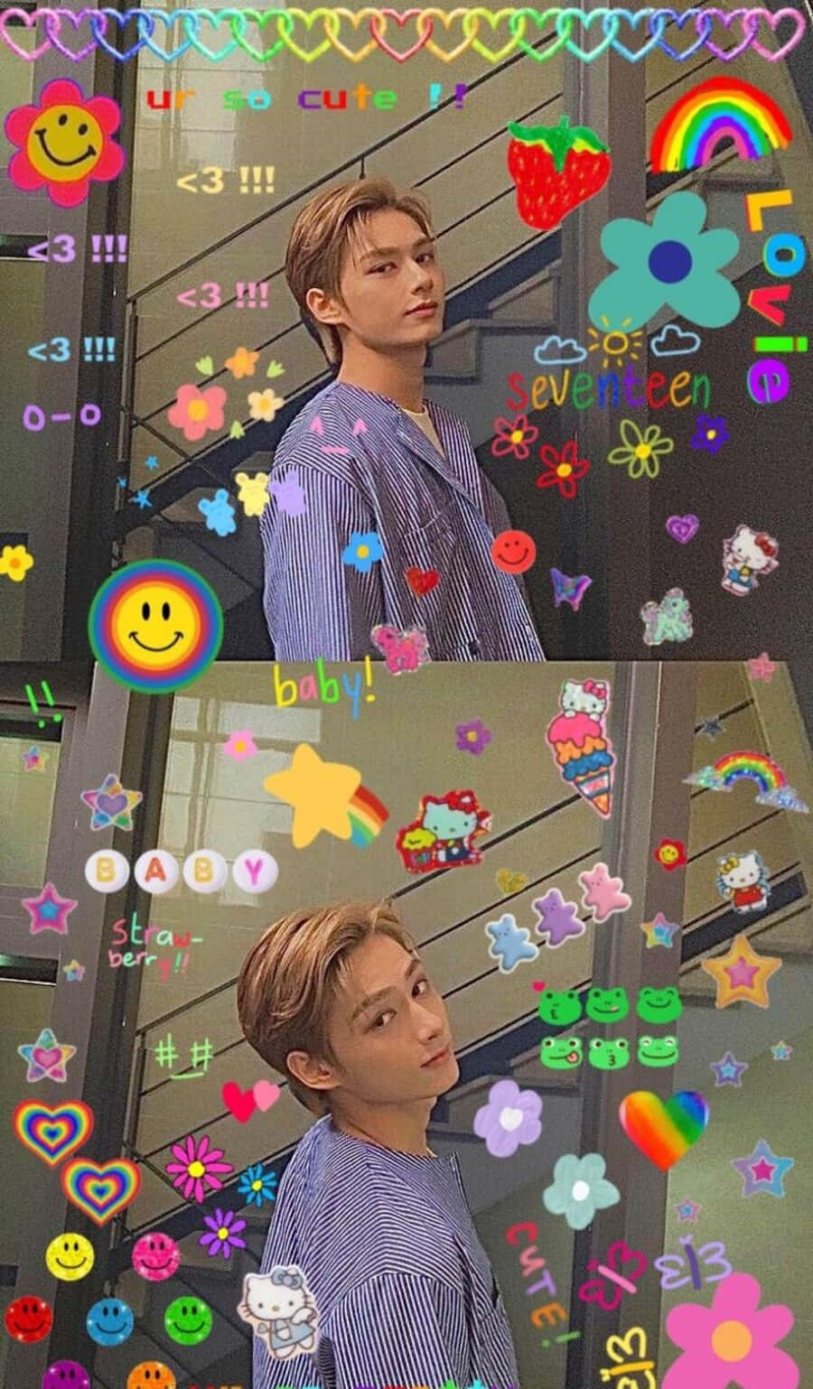 Kpop Kawaii 桌布 壁紙 — 一位身穿條紋襯衫的年輕男子在木牆前擺姿勢，周圍環繞著色彩繽紛的數位貼紙，如彩虹、花朵和Hello Kitty。