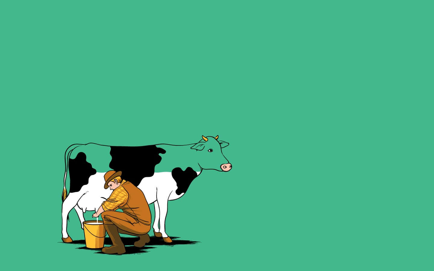 Kawaii Cute Cow 桌布 壁紙 — 一位身穿棕色工裝褲的卡通農夫，在純青色背景前，將一頭黑白相間的乳牛擠奶到一個黃色桶中。