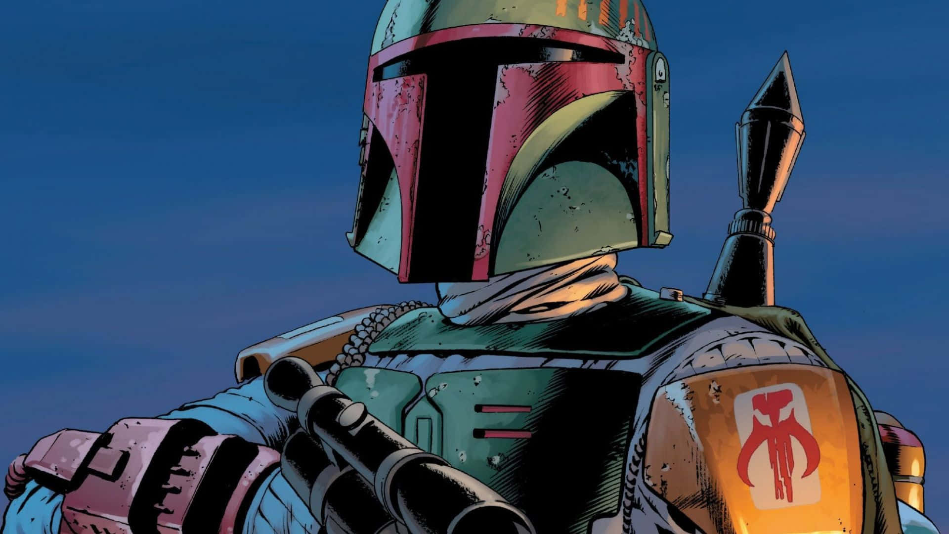 Jango Fett 桌布 壁紙 — 一位身穿標誌性盔甲的滄桑賞金獵人，在深藍色的天空下，肩上掛著武器站立。