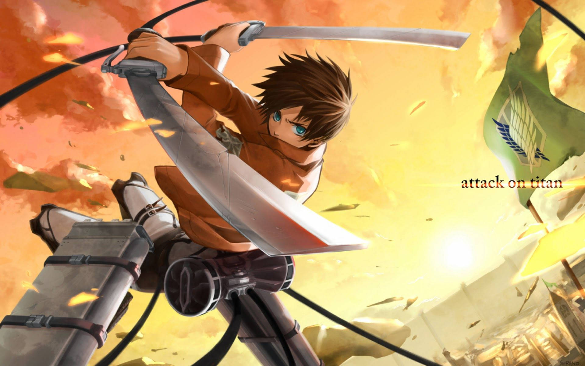 Attack On Titan Logo 桌布 壁紙 — 一位身穿橙色制服的年輕動漫戰士，在繩索懸吊下，於熾熱的空氣中揮舞著巨大的刀刃，背景是燃燒般的日落。