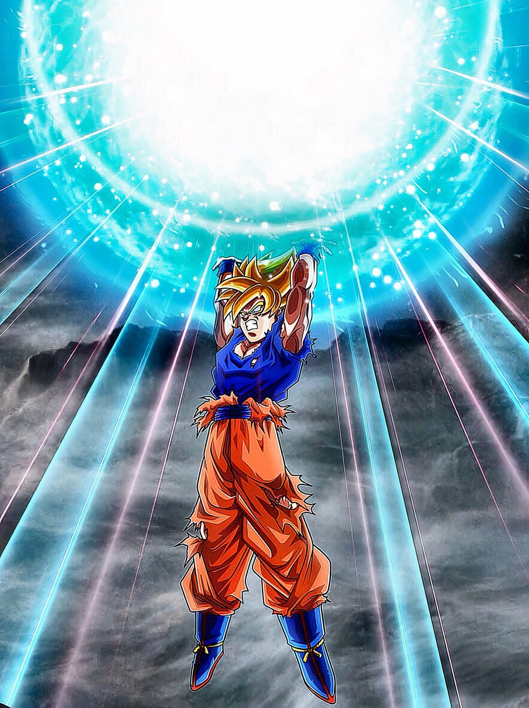 Goku's Spirit Bomb Sword 桌布 壁紙 — 一位身穿橙色和藍色的強大動漫戰士，在風暴天空下站在燦爛的藍色能量光束之中。