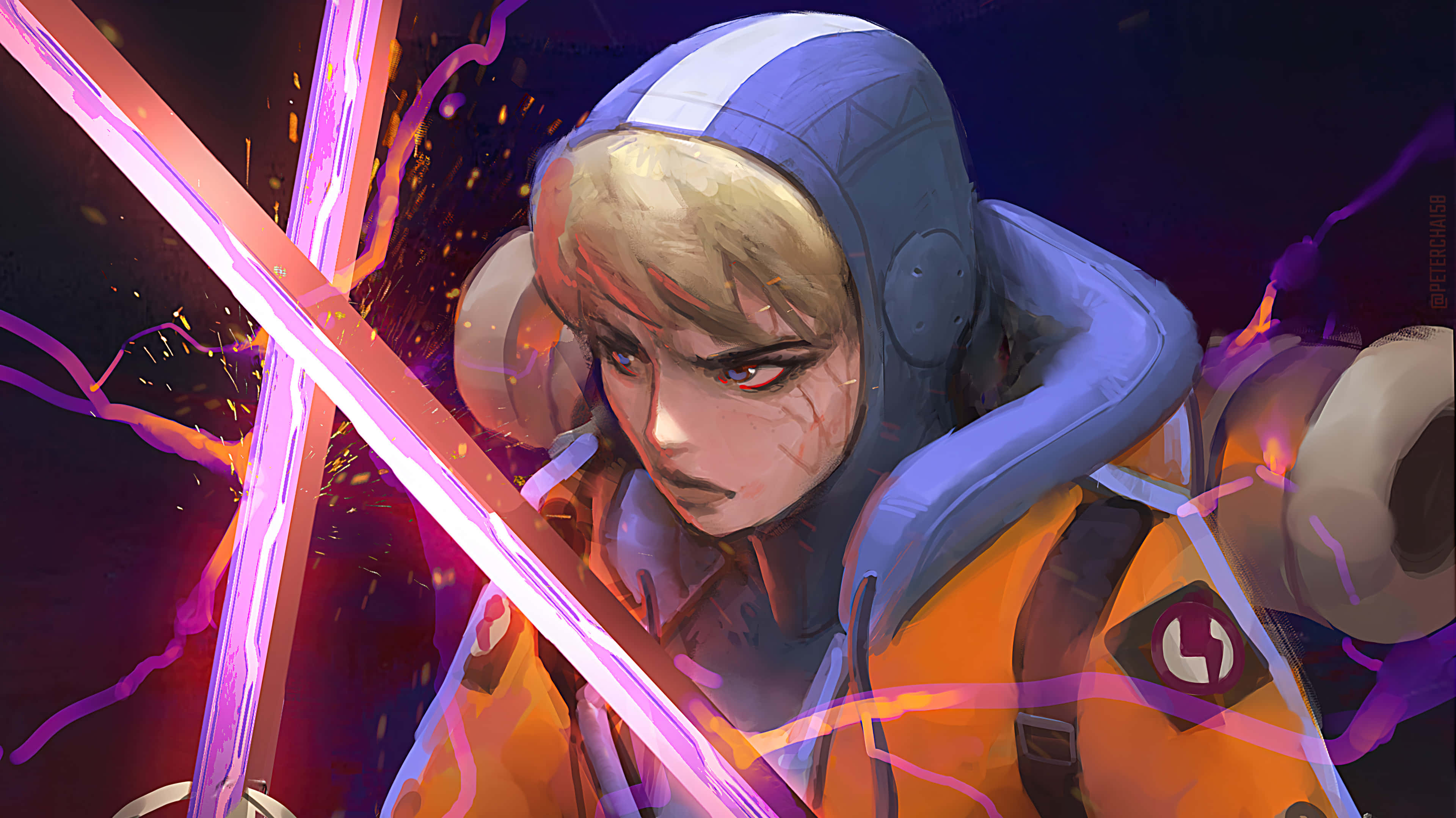 Apex Legends Characters 桌布 壁紙 — 一位身穿橙色和藍色裝備的堅定動漫戰士，在黑暗背景中揮舞著發光的粉紅色能量刃。