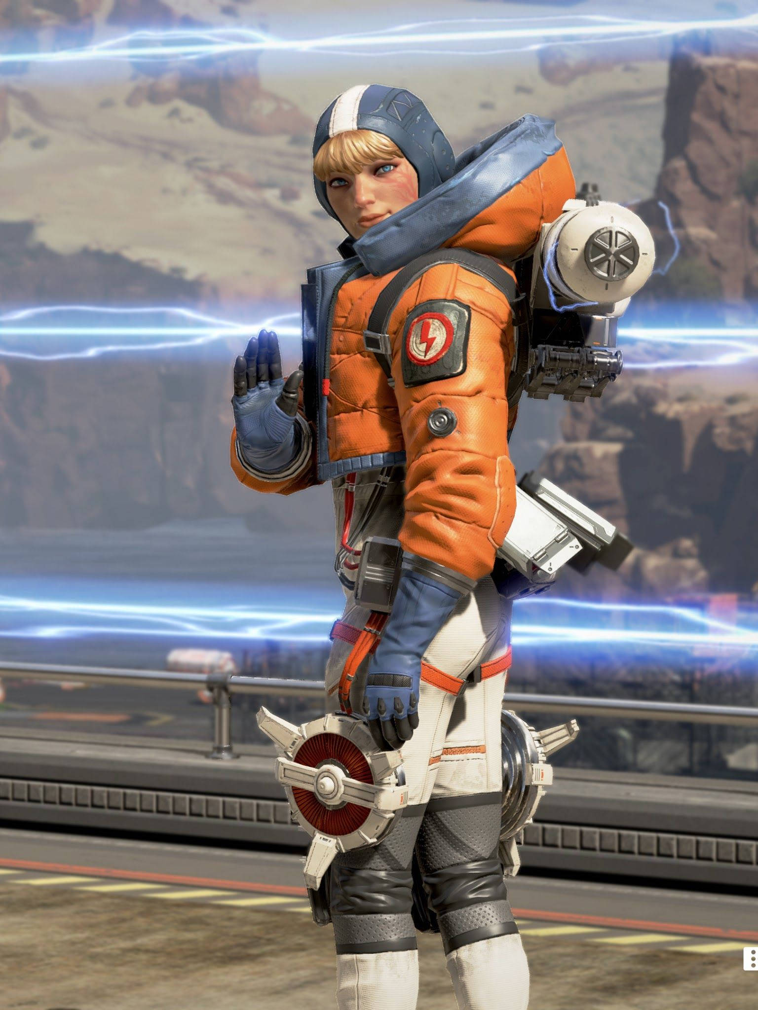 Apex Legends iPhone Wattson 壁紙 — 一位身穿橙色和藍色裝備的未來太空人站在科幻平台上，背後有發光的藍色能量光束呈弧形。