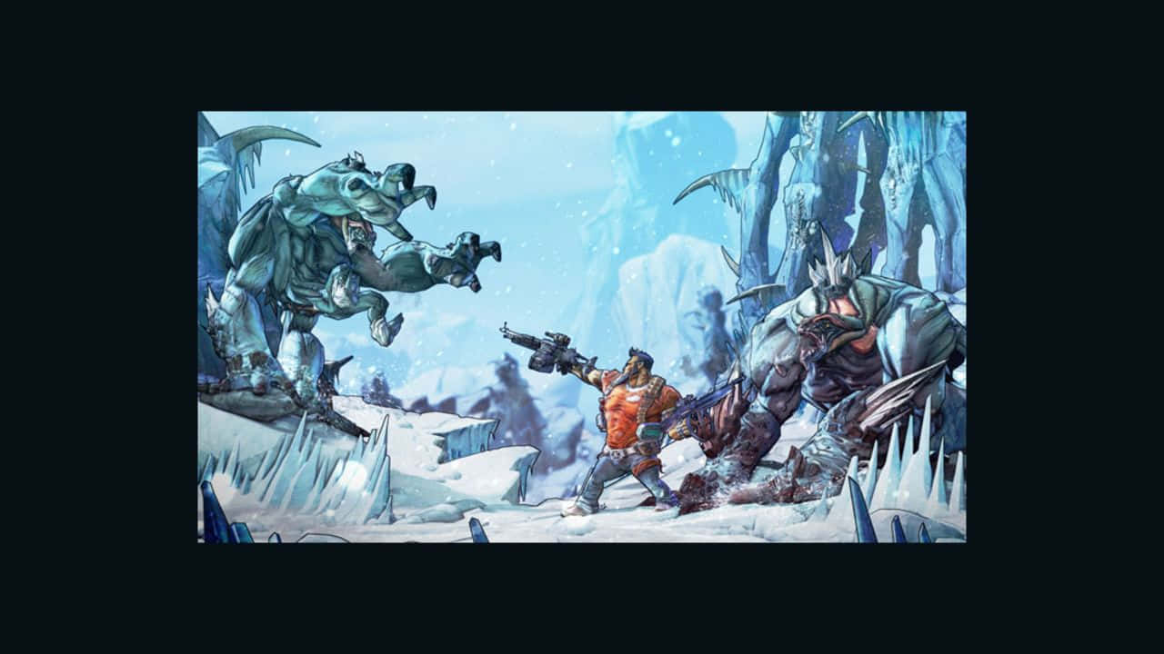 Borderlands Characters 桌布 壁紙 — 一位身穿橙色戰衣的孤獨戰士在一個滿是尖銳冰柱和飄雪的雪洞中與兩隻巨型冰怪戰鬥。