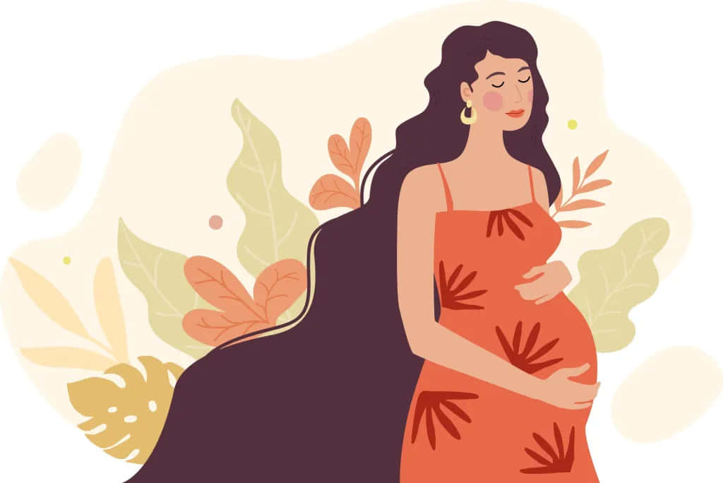pregnancy 桌布 壁紙 — 一位身穿橙色葉紋連衣裙的寧靜孕婦，在柔和的秋葉中輕輕地抱著肚子。