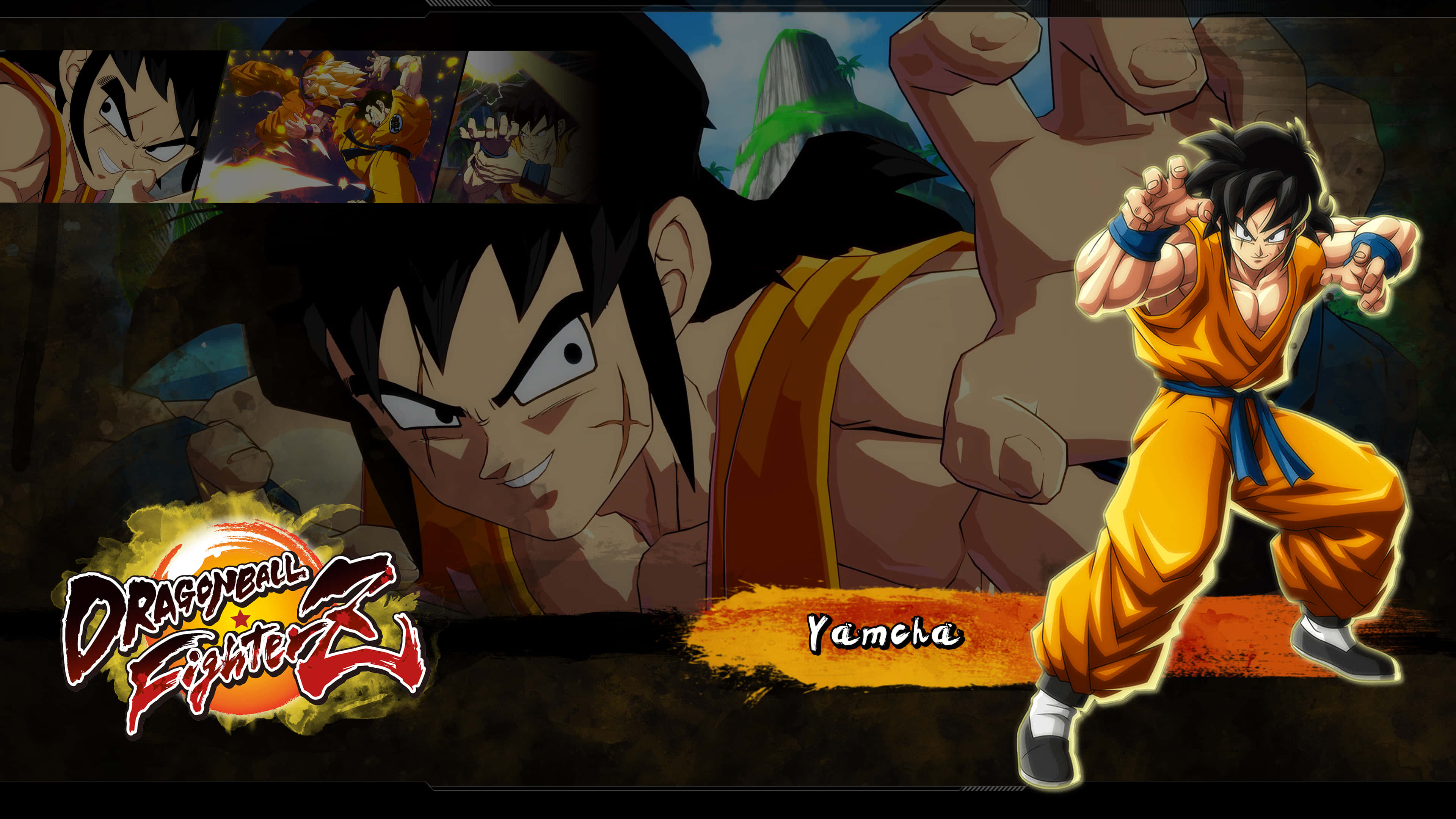 Yamcha 桌布 壁紙 — 一位身穿橙色道服的動感動漫戰士，在黑暗的戰鬥背景下以強烈的表情向前攻擊。