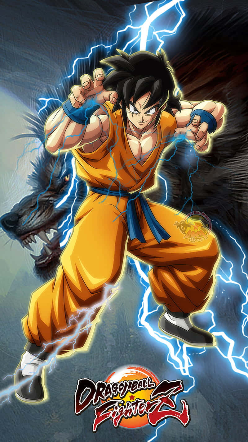 Yamcha 桌布 壁紙 — 一位身穿橙色道服的強大動漫戰士引導藍色閃電，身後有一隻兇猛的狼狀生物在咆哮。