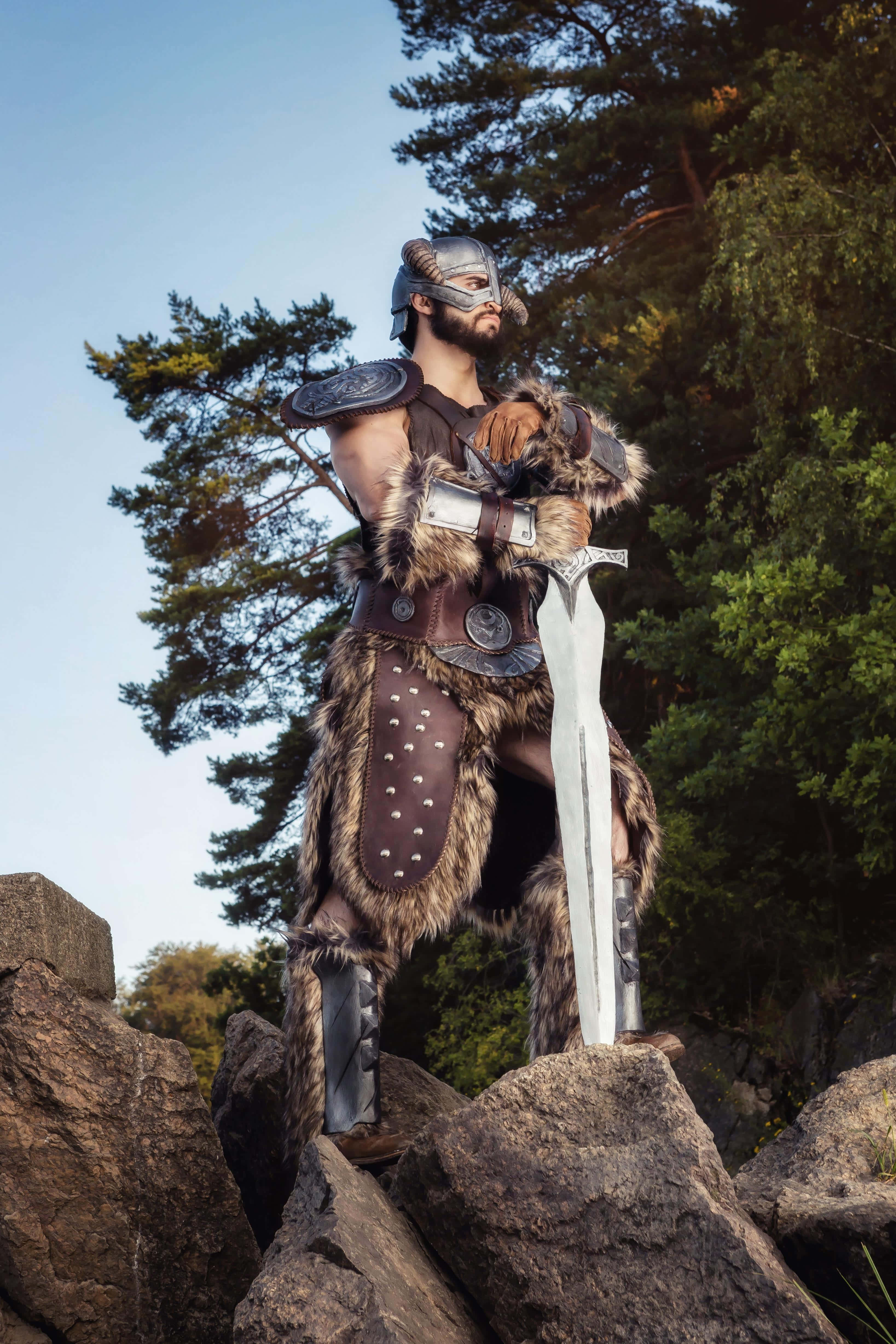 dovahkiin 桌布 壁紙 — 一位身穿毛皮和金屬盔甲的戰士站在岩石地形上，手持劍，身後有松樹，天空晴朗。