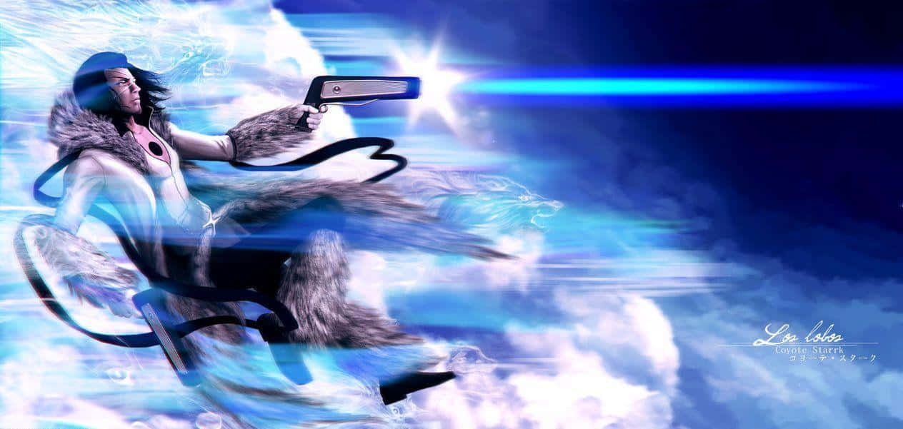 Coyote Starrk 桌布 壁紙 — 一位身穿毛皮襯裡外套的未來戰士，在暴風雨的天空中發射發光的藍色武器，伴隨著電能軌跡。