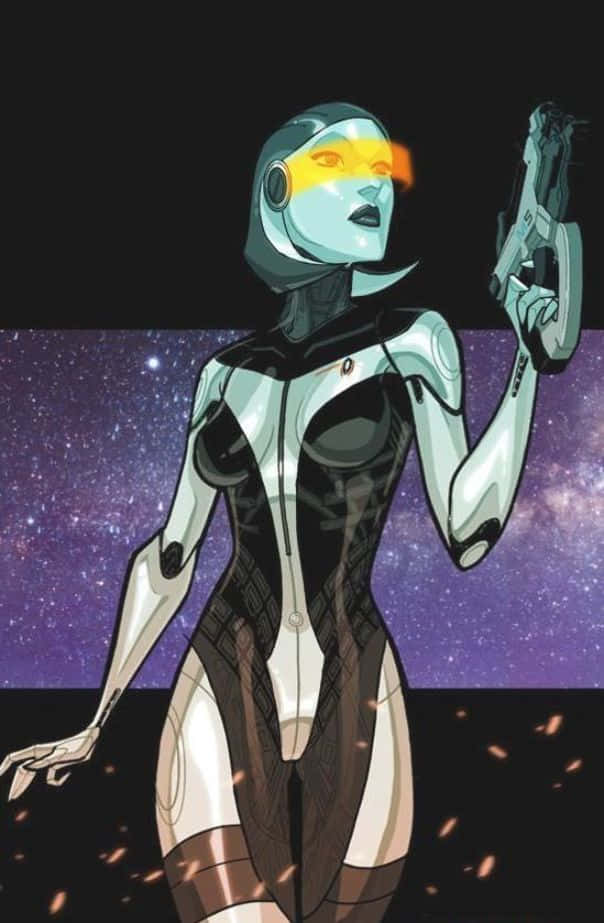 Mass Effect Edi 桌布 壁紙 — 一位身穿流線型銀色盔甲的未来女戰士，站在繁星點點的紫色銀河前，手持發光武器。