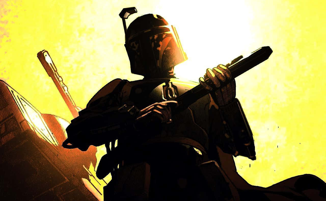 The War Of The Bounty Hunters 桌布 壁紙 — 一位身穿深色盔甲的曼達洛戰士，在發光的黃色天空背景下以剪影站立，手持爆能步槍。