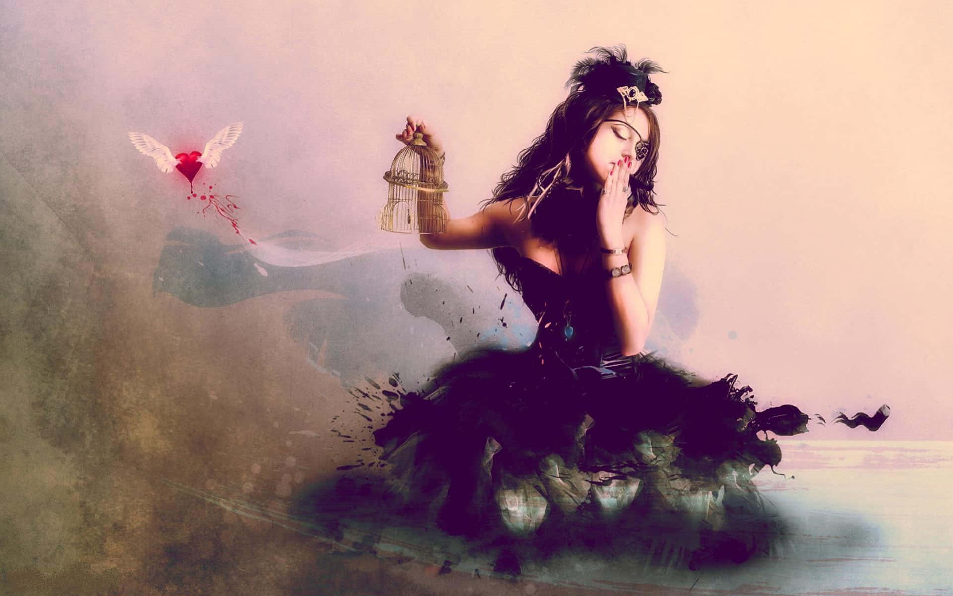 Gothic Costumes 桌布 壁紙 — 一位身穿深色連衣裙的女性手持鳥籠，一顆帶翅膀的心從她手中飛走，背景是柔和的粉彩。