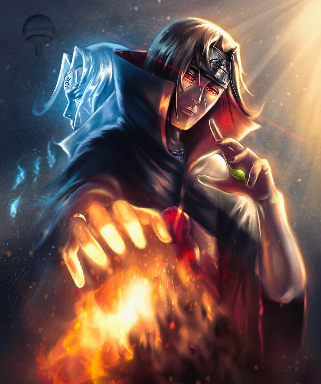 Jutsu 桌布 壁紙 — 一位身穿深色長袍的動漫戰士，雙眼發出紅光，引導著熾熱的查克拉，而一個幽靈般的藍色身影漂浮在他身後，背景是宇宙場景。