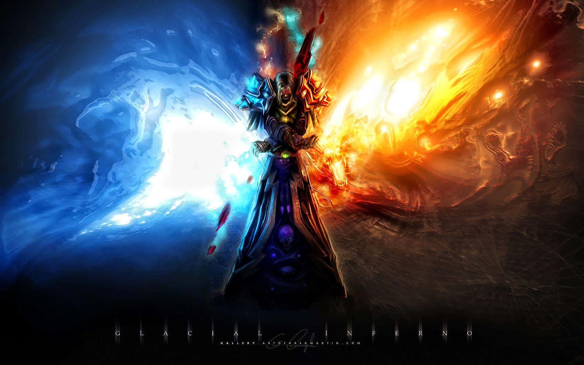 Skyrim Mage 桌布 壁紙 — 一位身穿深色長袍的戰士站在冰藍色和火橙色宇宙力量之間，處於戲劇性的奇幻戰鬥場景中。