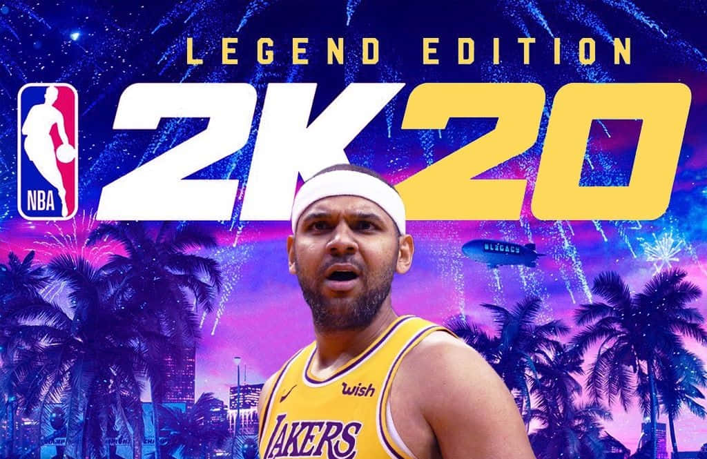 NBA 2k20 桌布 壁紙 — 一位身穿湖人球衣的籃球運動員站在充滿活力的紫色和藍色熱帶城市景觀前，背景有煙火和飛船。