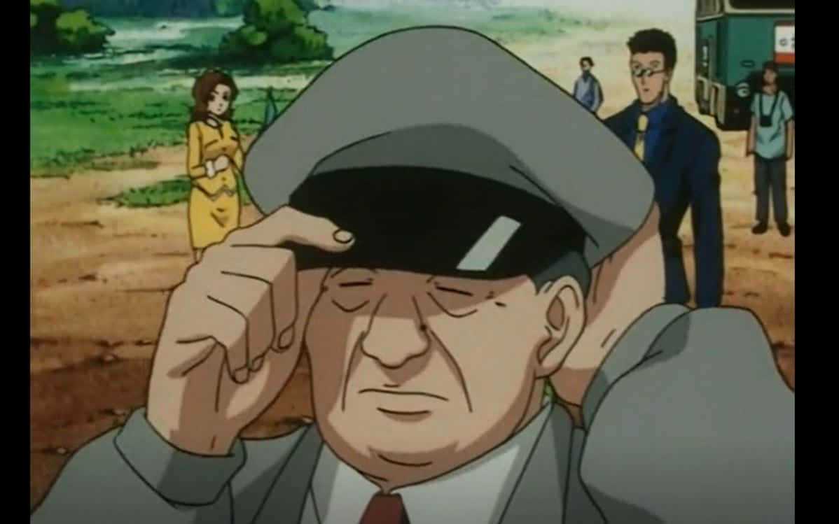 Hunter X Hunter Zebro 桌布 壁紙 — 一位身穿灰色制服嘅動畫軍官，喺背景有人企緊嘅情況下，帶住疲憊嘅表情調整佢嘅帽。