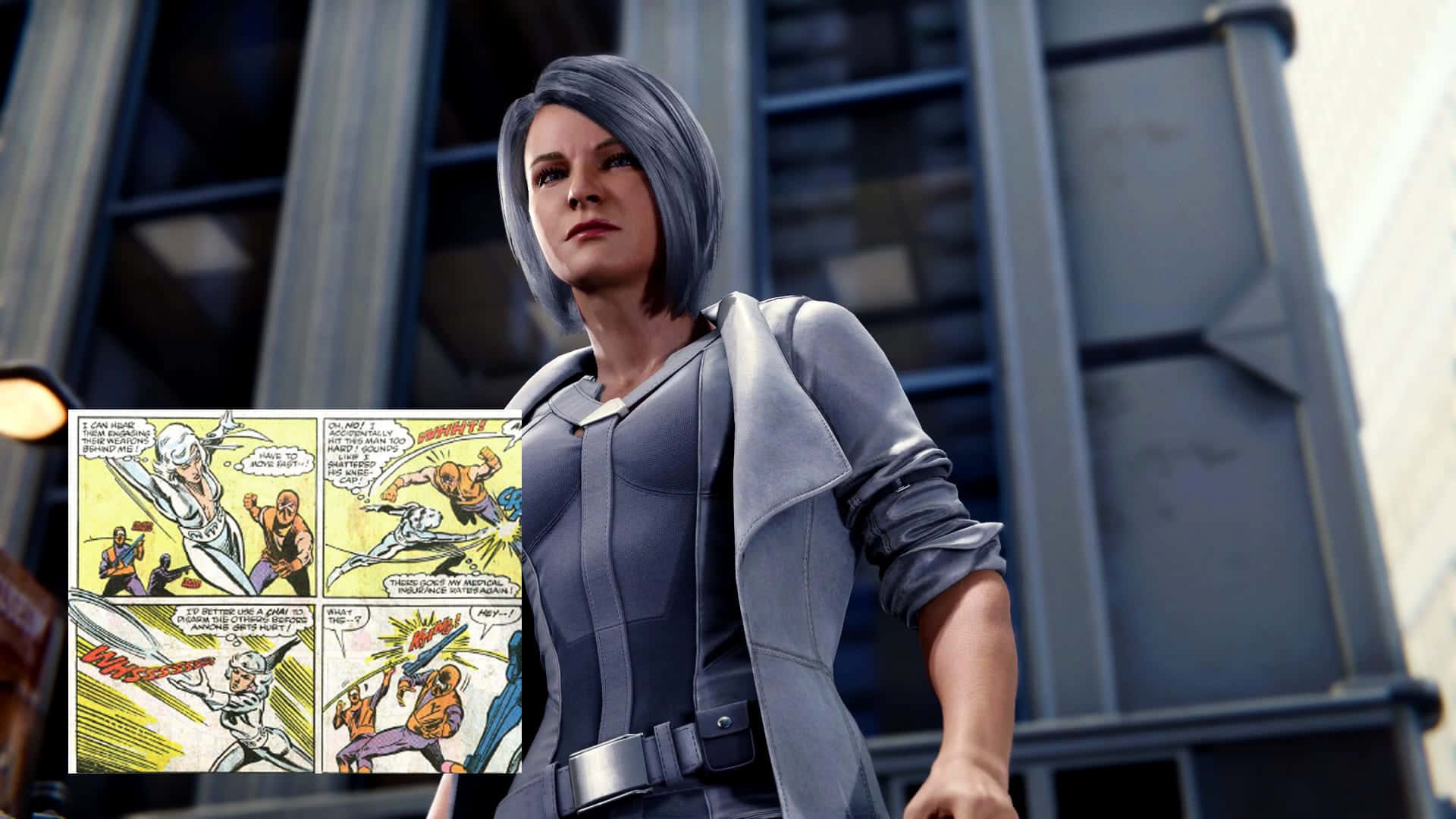 Silver Sable 桌布 壁紙 — 一位身穿灰色戰術裝備的女超級英雄站在一個漫畫書面板前，面板顯示她正在與反派戰鬥。