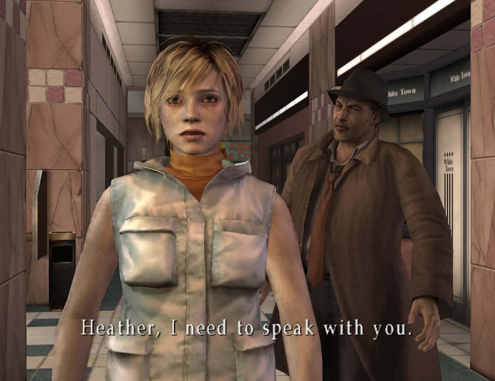 Silent Hill Characters 桌布 壁紙 — 一位身穿無袖背心的女士站在瓷磚走廊上，一位穿著風衣和帽子的男士向她走來。