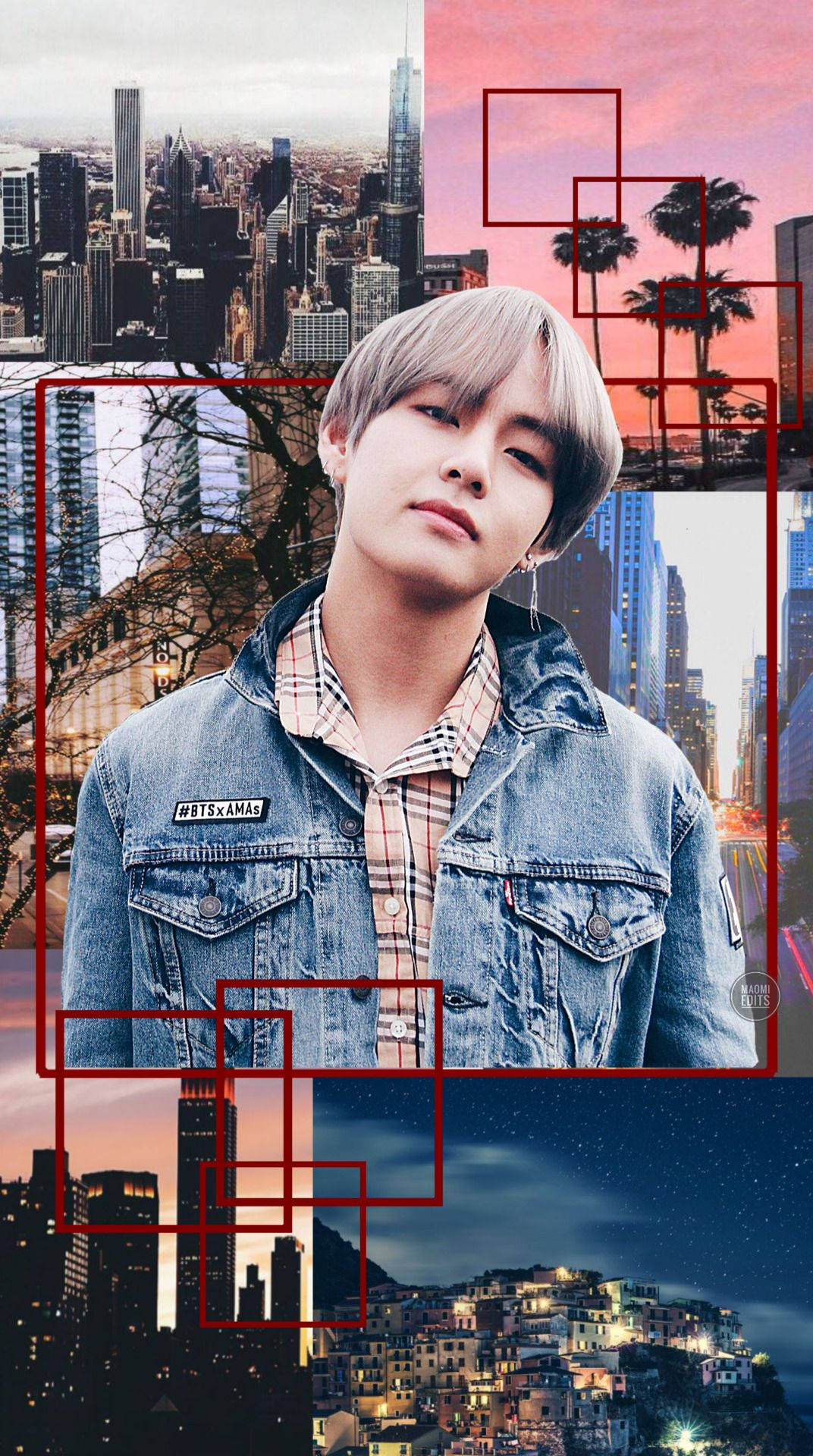 Kpop Aesthetic 桌布 壁紙 — 一位身穿牛仔外套的年輕男子，置於粉紅色和橙色天空下的城市景觀和棕櫚樹拼貼畫中央。