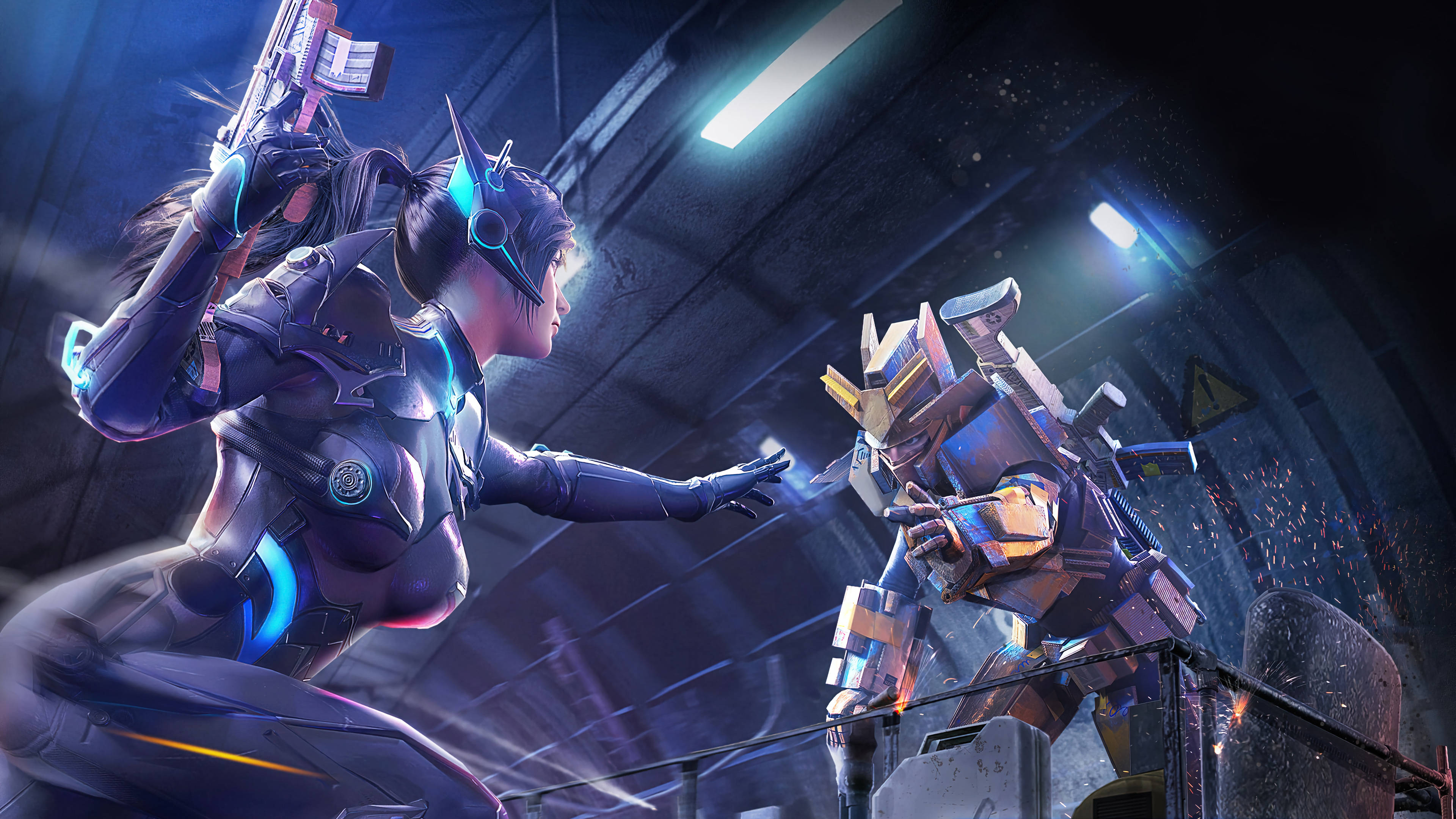 PUBG 桌布 壁紙 — 一位身穿發光盔甲的 cyberpunk 女戰士，在充滿霓虹燈的工業走廊中與機械機器人對峙。