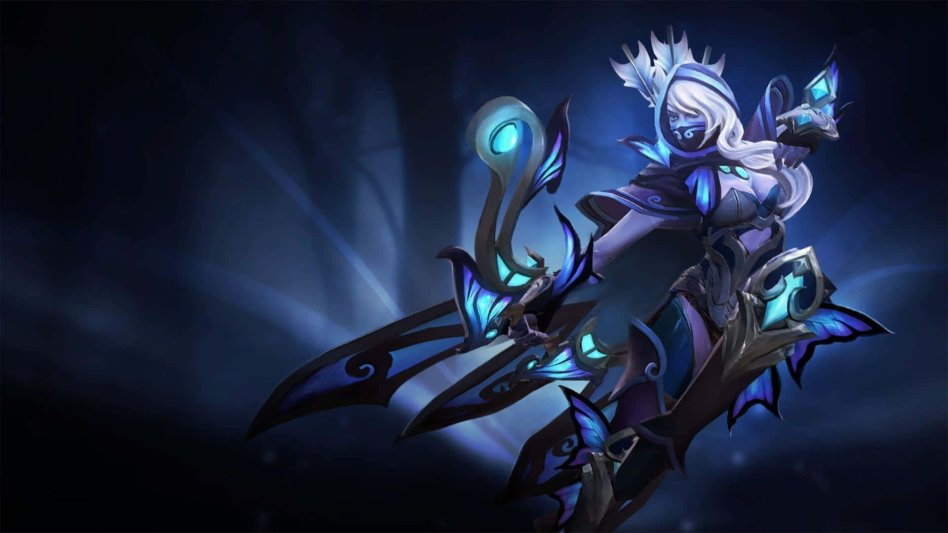 Drow Ranger 桌布 壁紙 — 一位身穿發光藍色盔甲、手持華麗武器的奇幻戰士，在黑暗神秘背景下蓄勢待發。