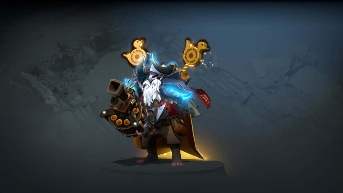 Dota 2 Sniper 桌布 壁紙 — 一位身穿發光藍色盔甲、手持金色華麗武器的奇幻戰士，在深色紋理背景前蓄勢待發。