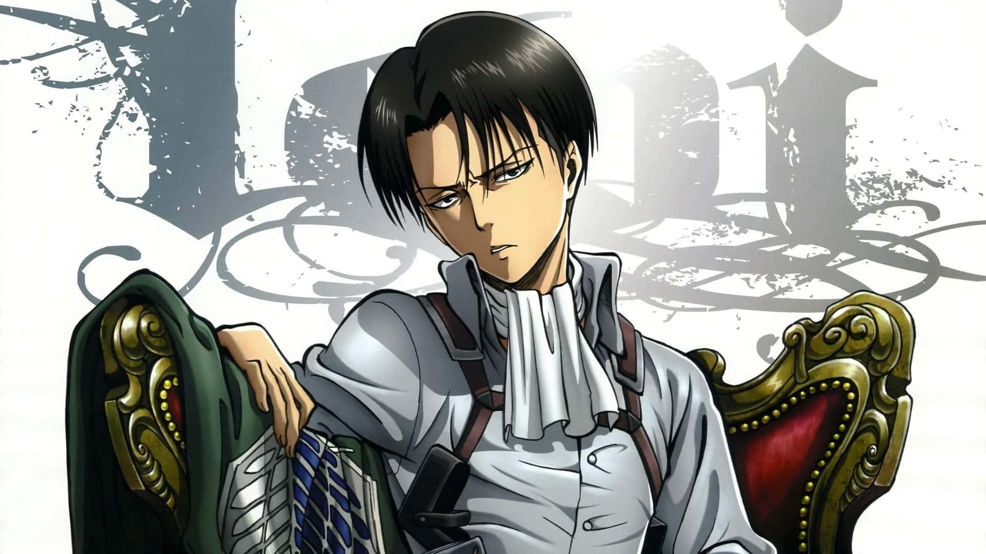 Levi Ackerman Desktop 桌布 壁紙 — 一位身穿白色制服、表情嚴肅的動漫士兵坐在華麗的椅子上，手持一件綠色裝甲肩甲。