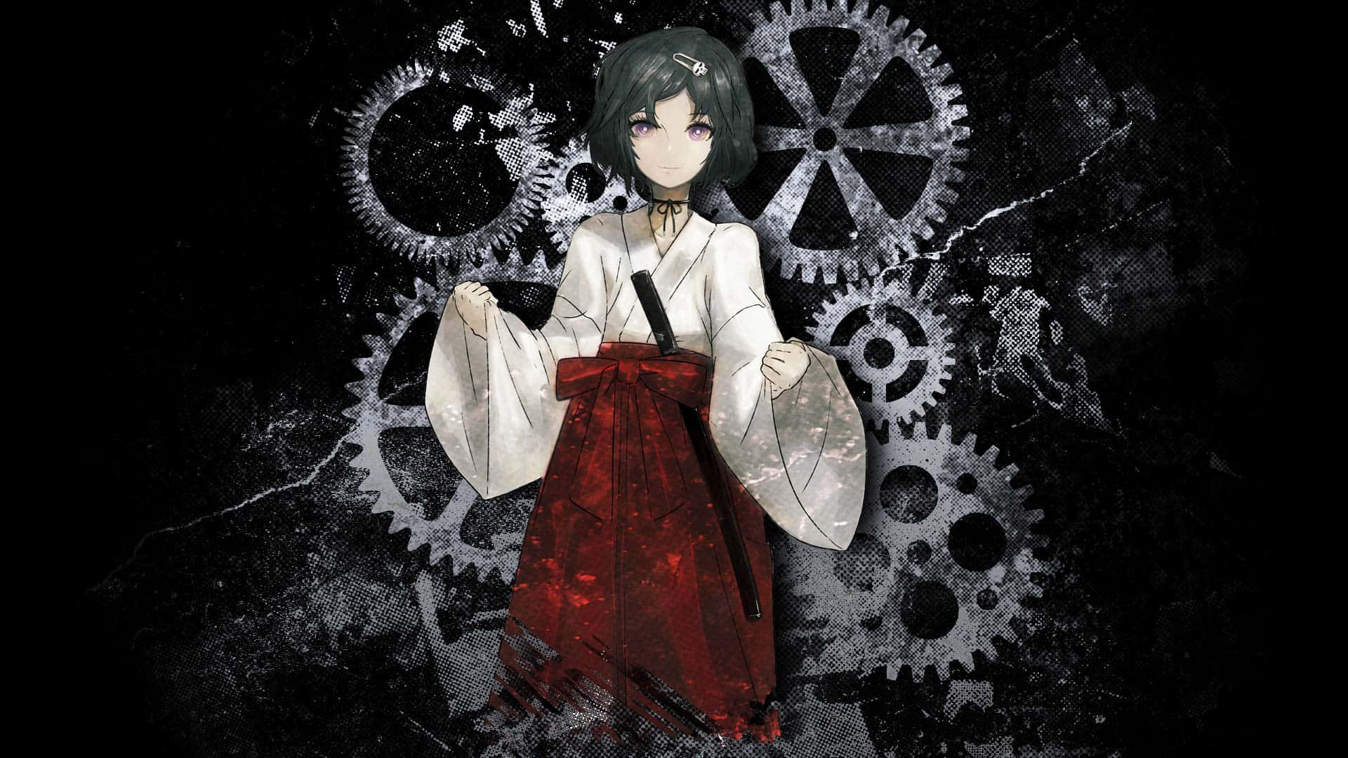 Luka Urushibara 桌布 壁紙 — 一位身穿白色和紅色和服的年輕動漫女孩，在黑暗紋理背景中漂浮的機械齒輪間平靜地站立。