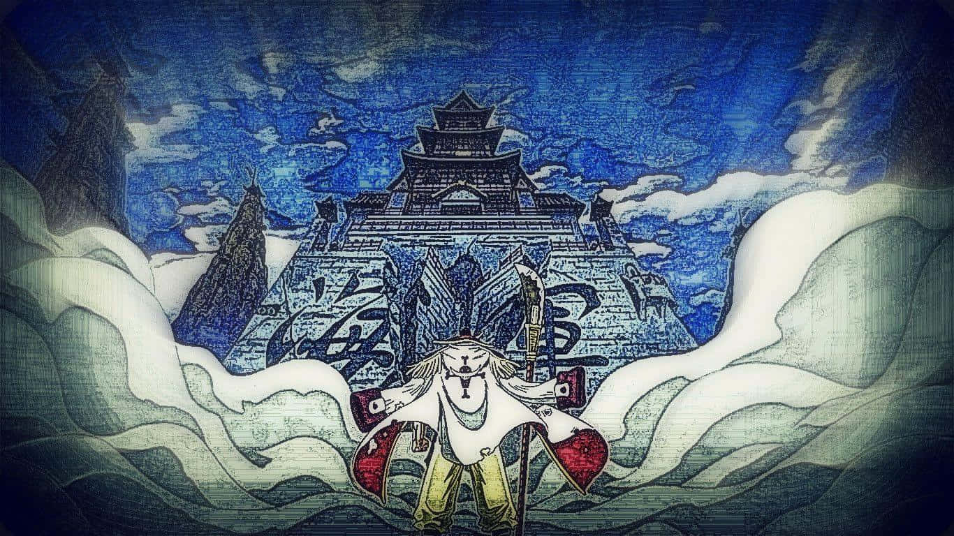 Marineford Aftermath 桌布 壁紙 — 一位身穿白色和紅色盔甲的孤獨戰士，站在一座從風暴藍天下旋轉雲層中升起的宏偉石城堡前。