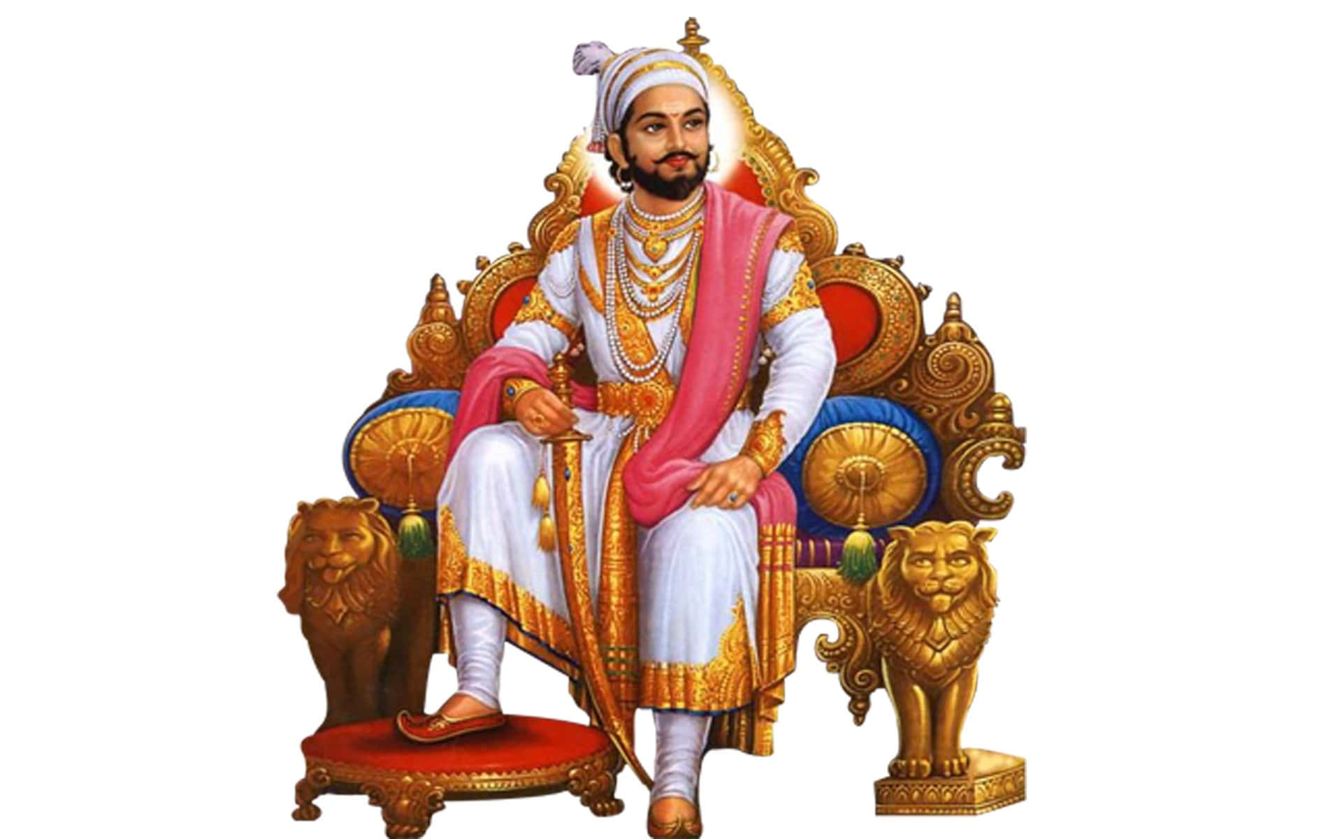 Shivaji Maharaj 桌布 壁紙 — 一位身穿白色和金色服飾的威嚴印度國王，莊嚴地坐在華麗的金色寶座上，兩側有獅子雕像。
