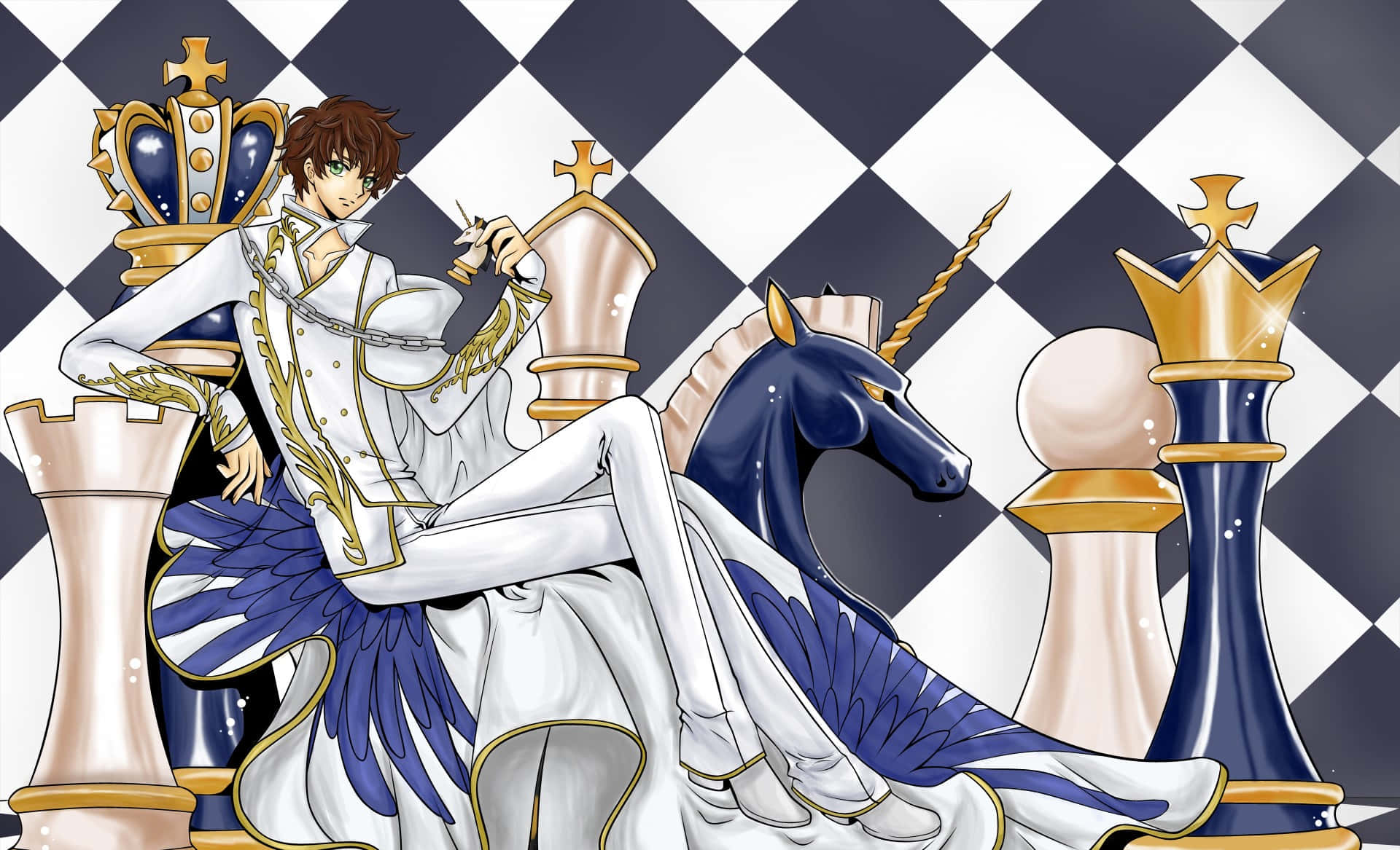 Suzaku Kururugi 桌布 壁紙 — 一位身穿白色和金色服飾的貴族動漫男孩坐在棋盤上，旁邊有一隻藍色獨角獸和巨大的棋子。