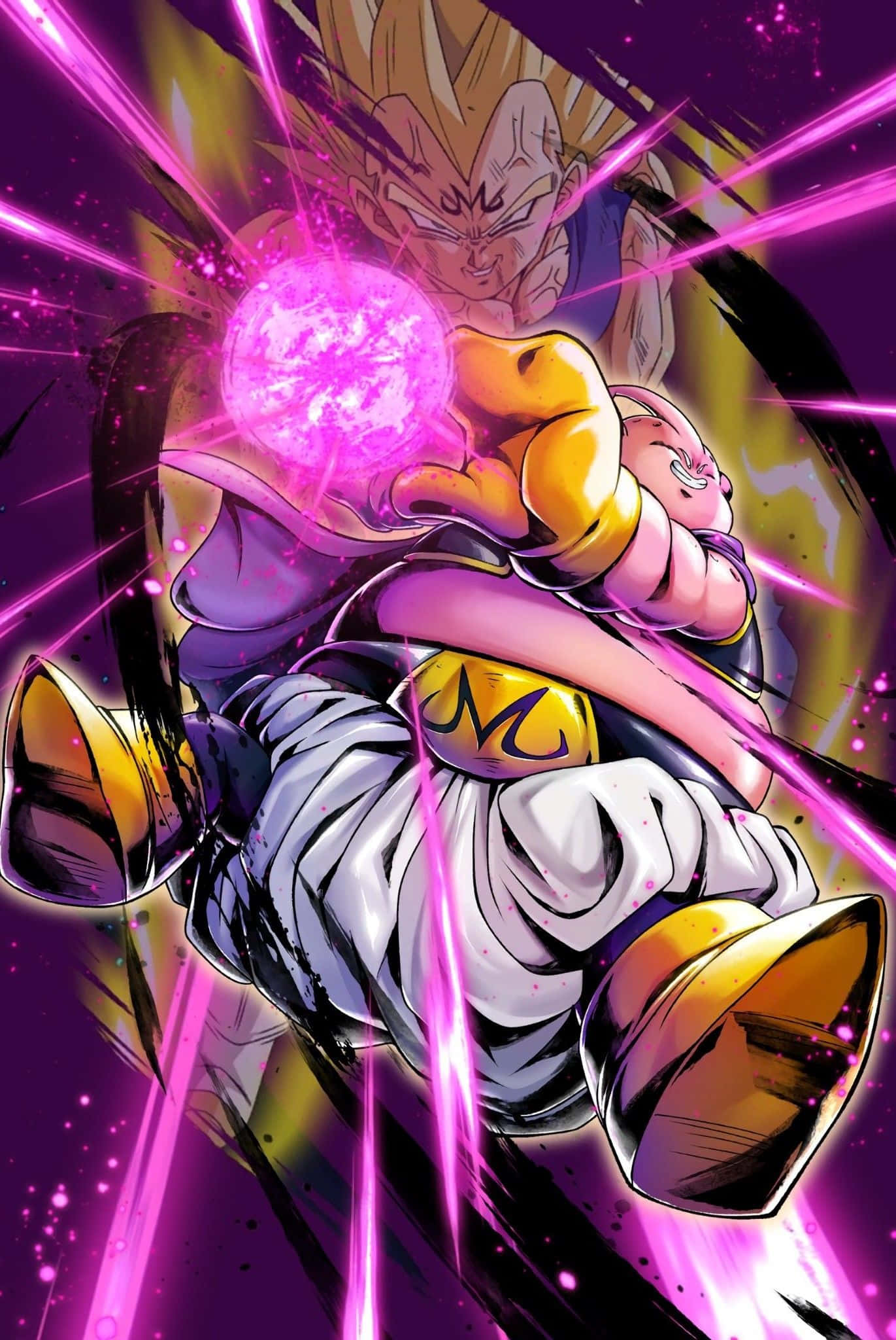 Buu Saga 桌布 壁紙 — 一位身穿白色和金色盔甲的強大動漫戰士，手持發光的粉紅色能量球，伴隨著動態的紫色和黃色條紋向前衝刺。