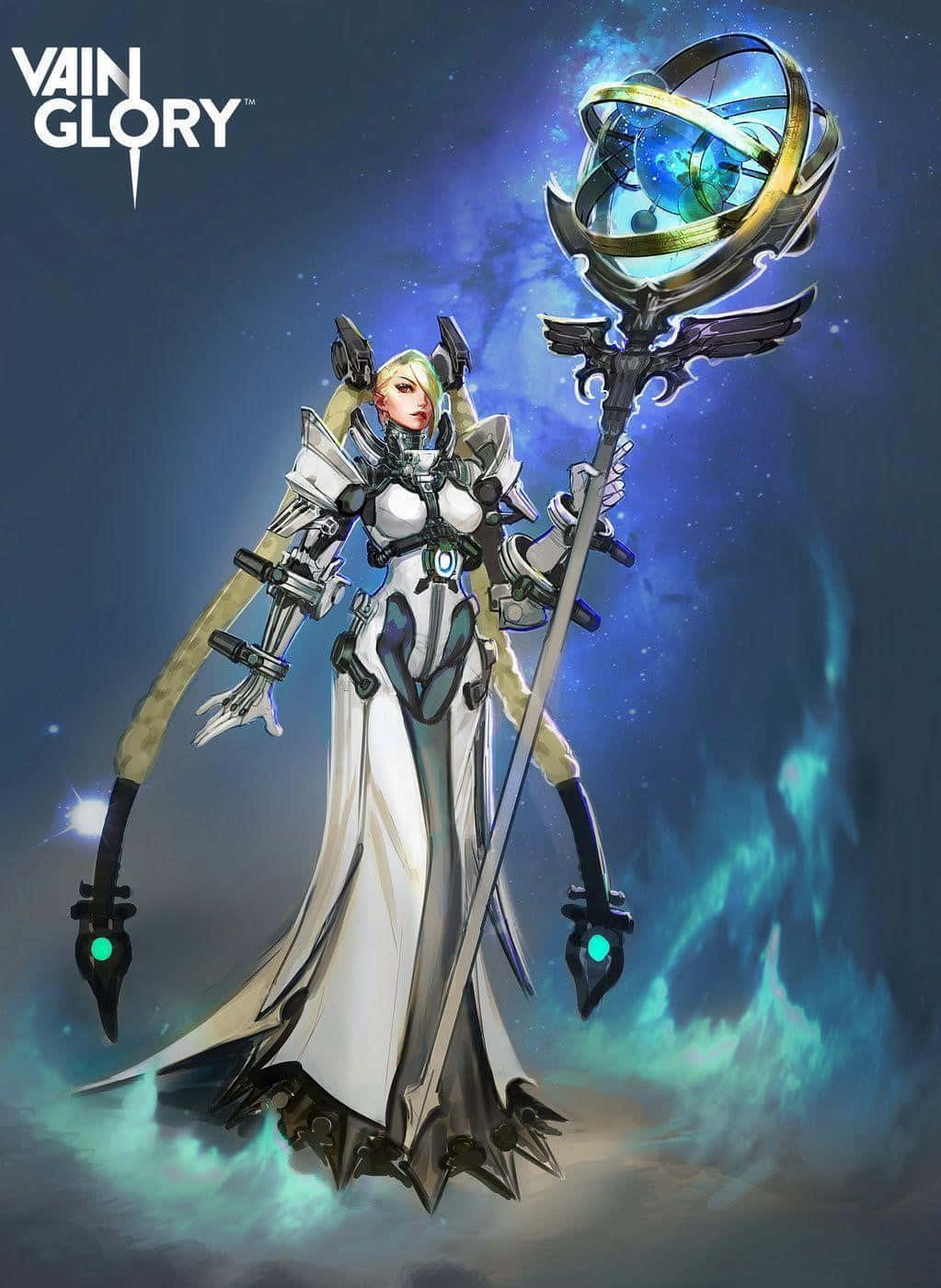 Vainglory 桌布 壁紙 — 一位身穿白色和銀色盔甲的未來女性戰士，在宇宙星空背景下揮舞著發光的法杖。