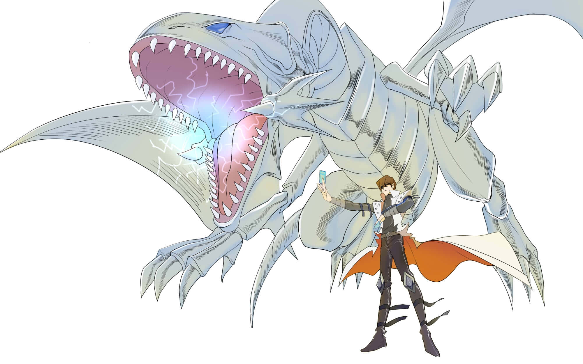 Seto Kaiba 桌布 壁紙 — 一位身穿白色外套和橙色斗篷的年輕冒險家，與一隻噴射電閃電的巨大銀龍自拍。