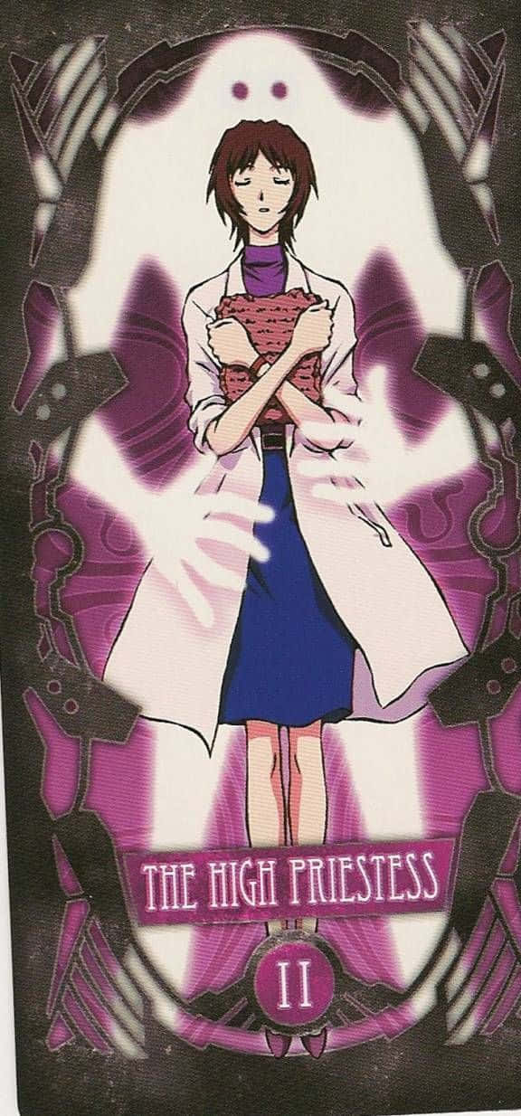 Yui Ikari 桌布 壁紙 — 一位身穿白色外套和藍色連衣裙的年輕女子，在帶有機械翅膀的發光紫色拱門內拿著一本紅書。
