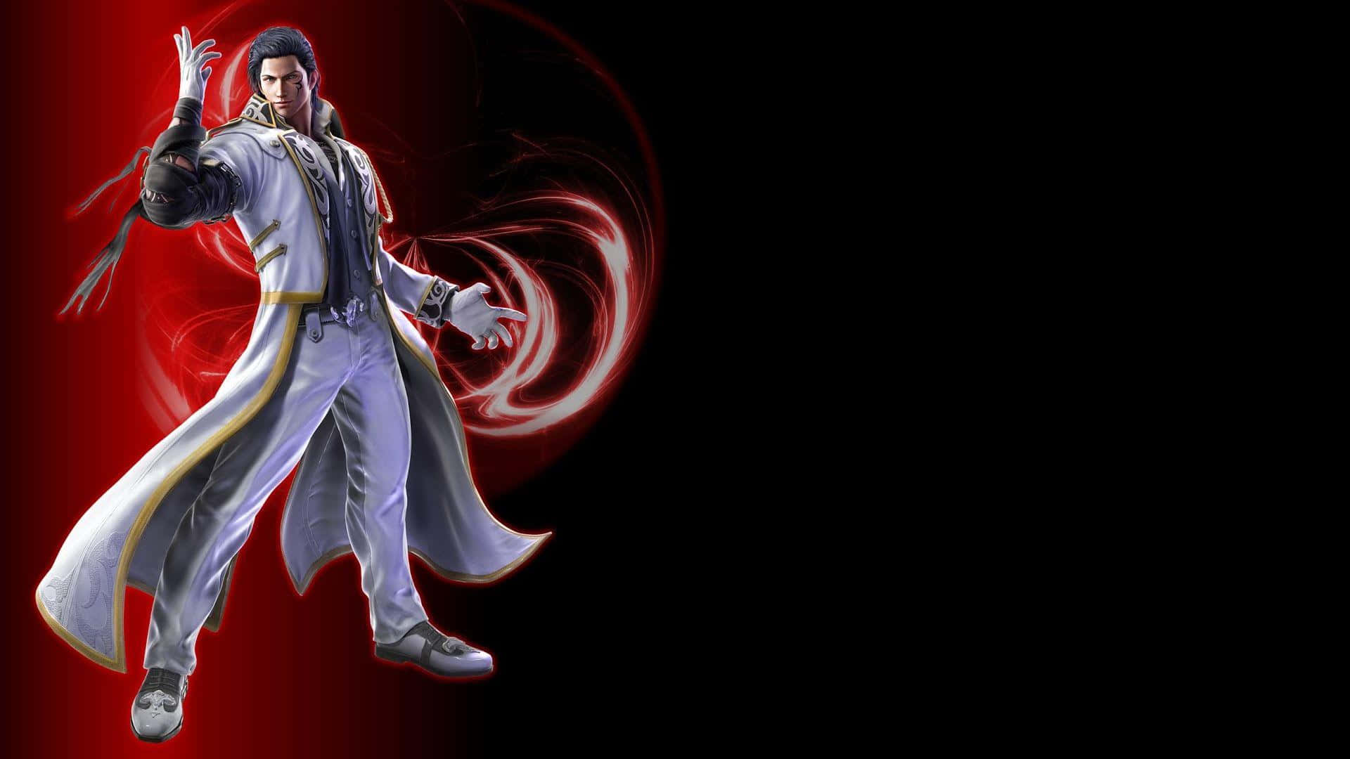 Tekken Characters 桌布 壁紙 — 一位身穿白色外套的動態動漫戰士，在黑暗背景下引導紅色能量。