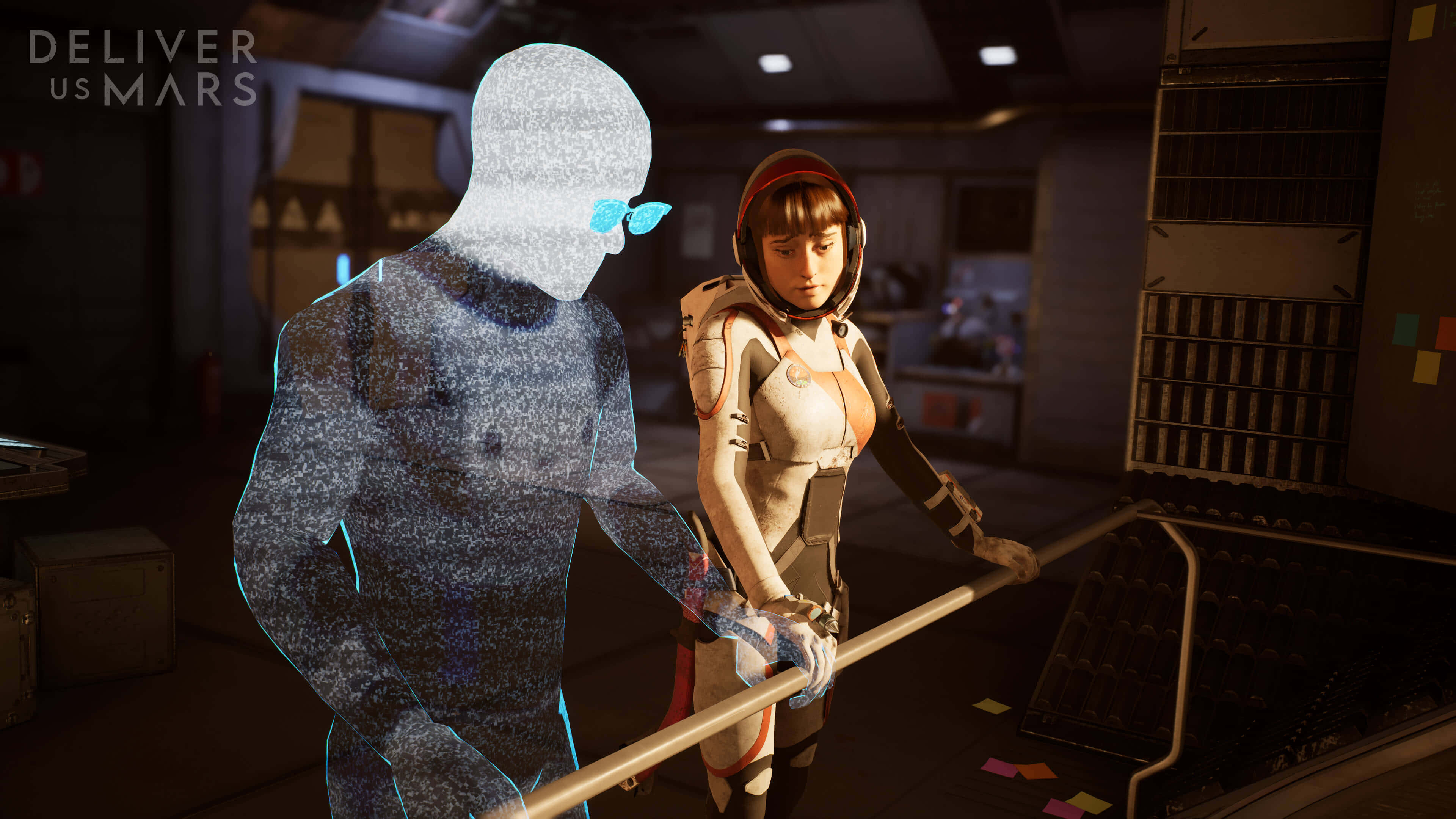 Sci Fi Games 桌布 壁紙 — 一位身穿白色太空衣的女太空人，站在一艘燈光昏暗的未來太空船內部，旁邊有一個發光的全息人物。